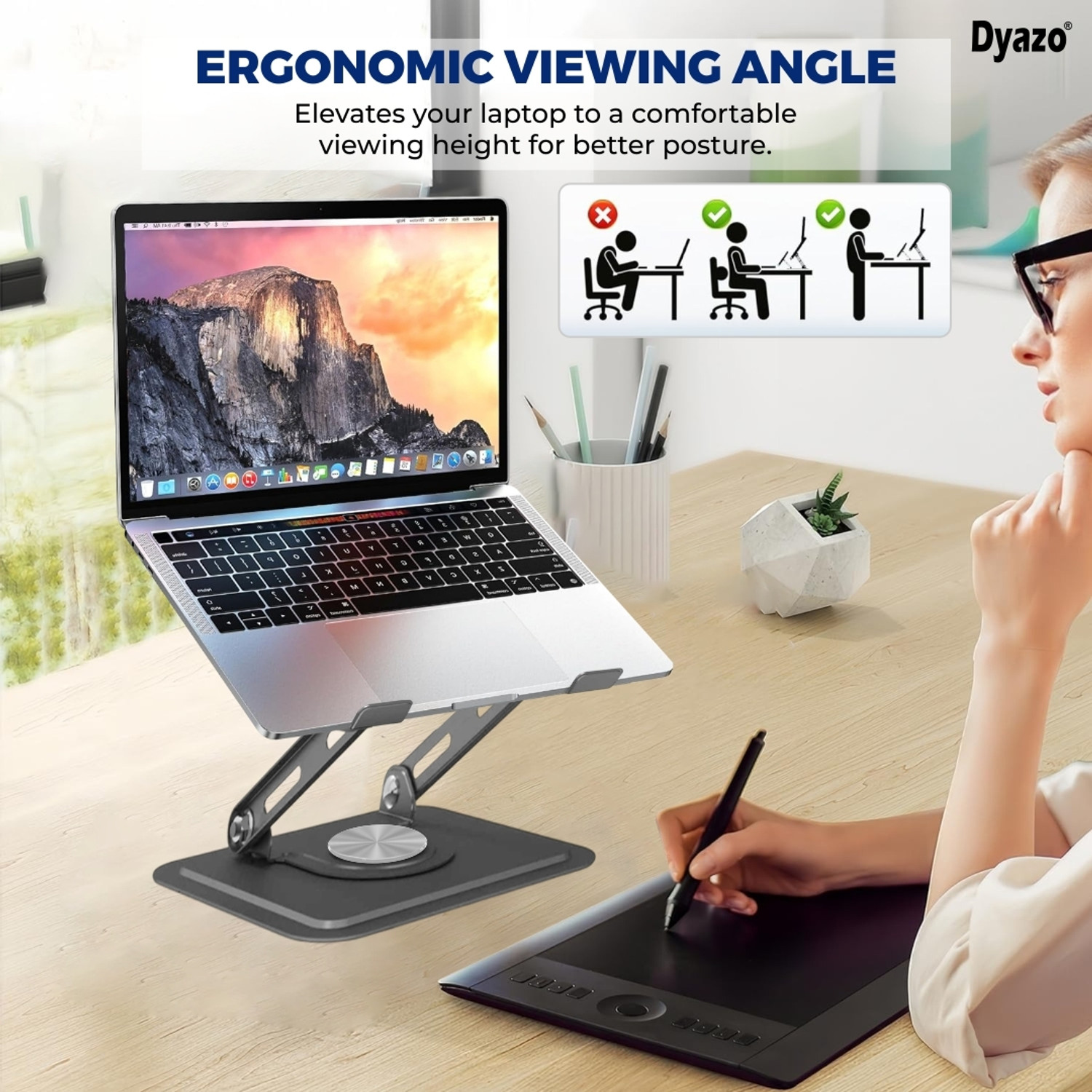 Image of Dyazo Plus 360 Rotating Laptop Stand Foldable Tabletop Riser Upto 15.6 Inch Laptops DZ556 Aluminium Rotatable Laptop Stand with Adjustable Height Compatible with Universal Laptops