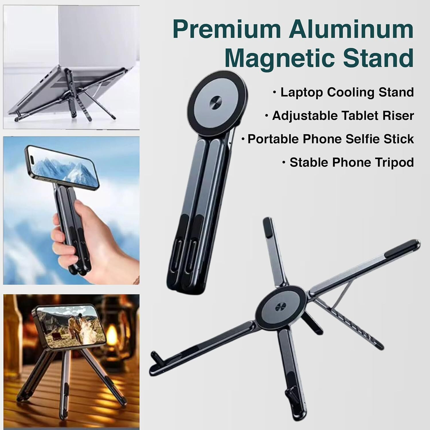 Image of 4MADSFASHION Adjustable Laptop Stand | Magnetic Phone Holder Tripod for MagSafe MDS11 Aluminium Floor Stand Laptop Stand with Adjustable Height Compatible with Universal Laptops