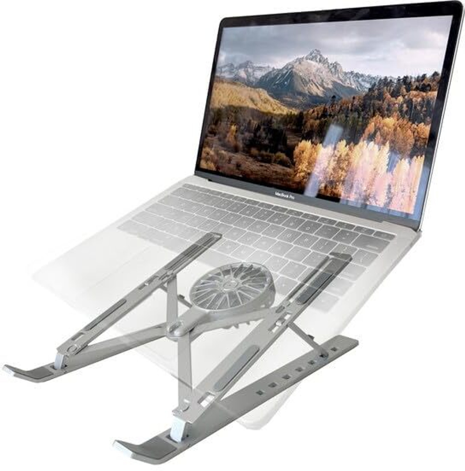 Image of Vinishq Portable Foldable Aluminum Laptop Stand with Detachable USB Cooling Fan Adjustable Height & Angle Notebook Holder Aluminium Floor and Desk Stand Laptop Stand with Adjustable Height Compatible with Universal Laptops