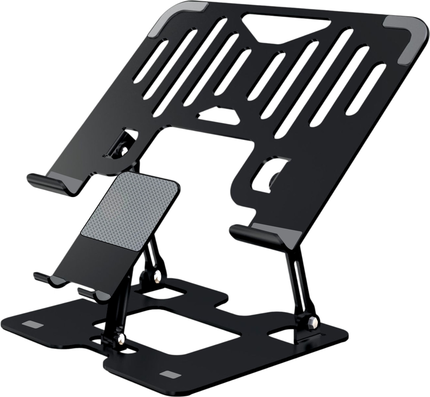 Image of Dyazo Plus 2 in 1 Adjustable Laptop Stand with Mobile Holder | Foldable & Ventilated Riser Carbon Steel Laptop Stand with Adjustable Height Compatible with Universal Laptops