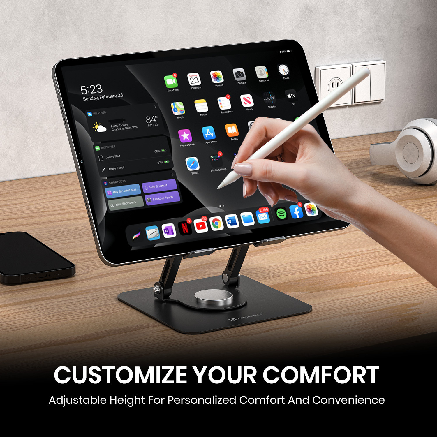 Image of Portronics My Buddy A1 Tablet Stand with 360 Rotation,Foldable,Adjustable,Improves Airflow POR-3105 Iron Desk Stand Rotatable Laptop Stand with Adjustable Height Compatible with Universal Laptops