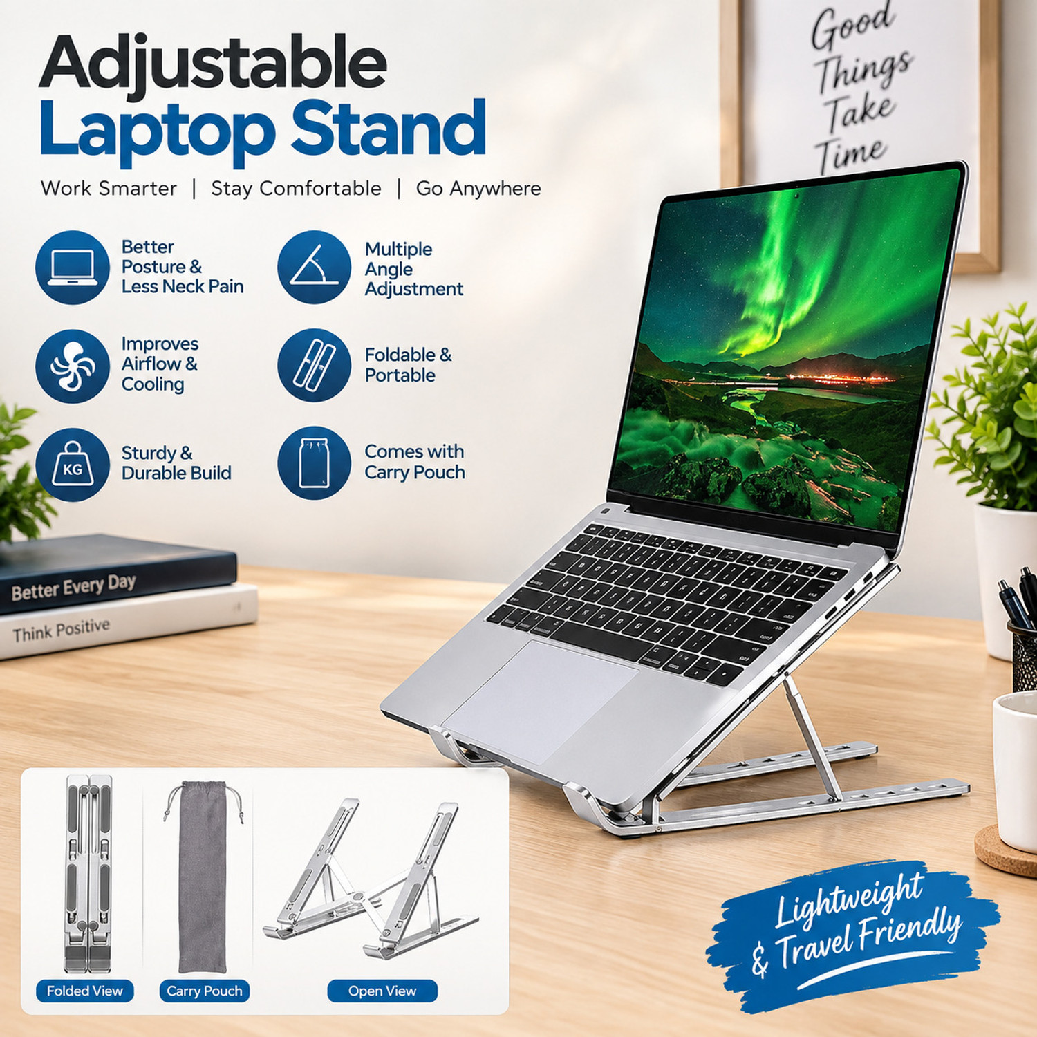 Image of Cipto Folding Height Adjustable Aluminium Foldable Portable Desktop Holder Riser Cast Iron Laptop Stand with Adjustable Height Compatible with Universal Laptops
