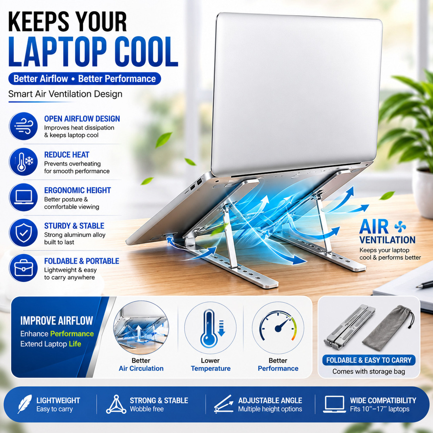 Image of Cipto Aluminium Portable Foldable Laptop Stand (Model H1427) Folding Height Adjustable Aluminium Foldable Portable Desktop Holder Riser Aluminium Laptop Stand with Adjustable Height Compatible with 36 - 39cm Laptops