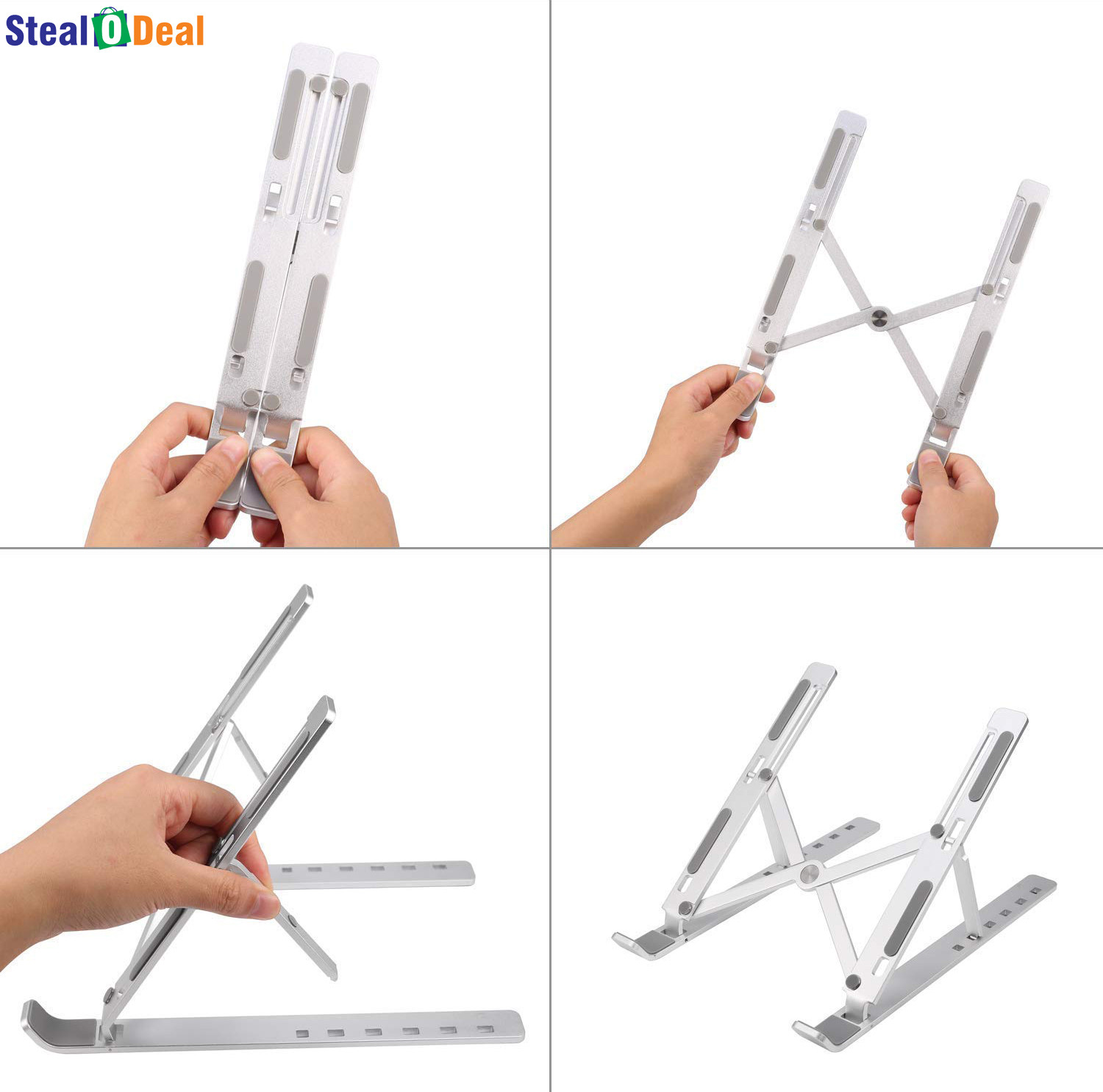 Image of StealODeal Silver 7 Angles Adjustable Aluminum Portable Desktop Holder Aluminium Floor and Desk Stand Rotatable Laptop Stand with Adjustable Height Compatible with Universal Laptops