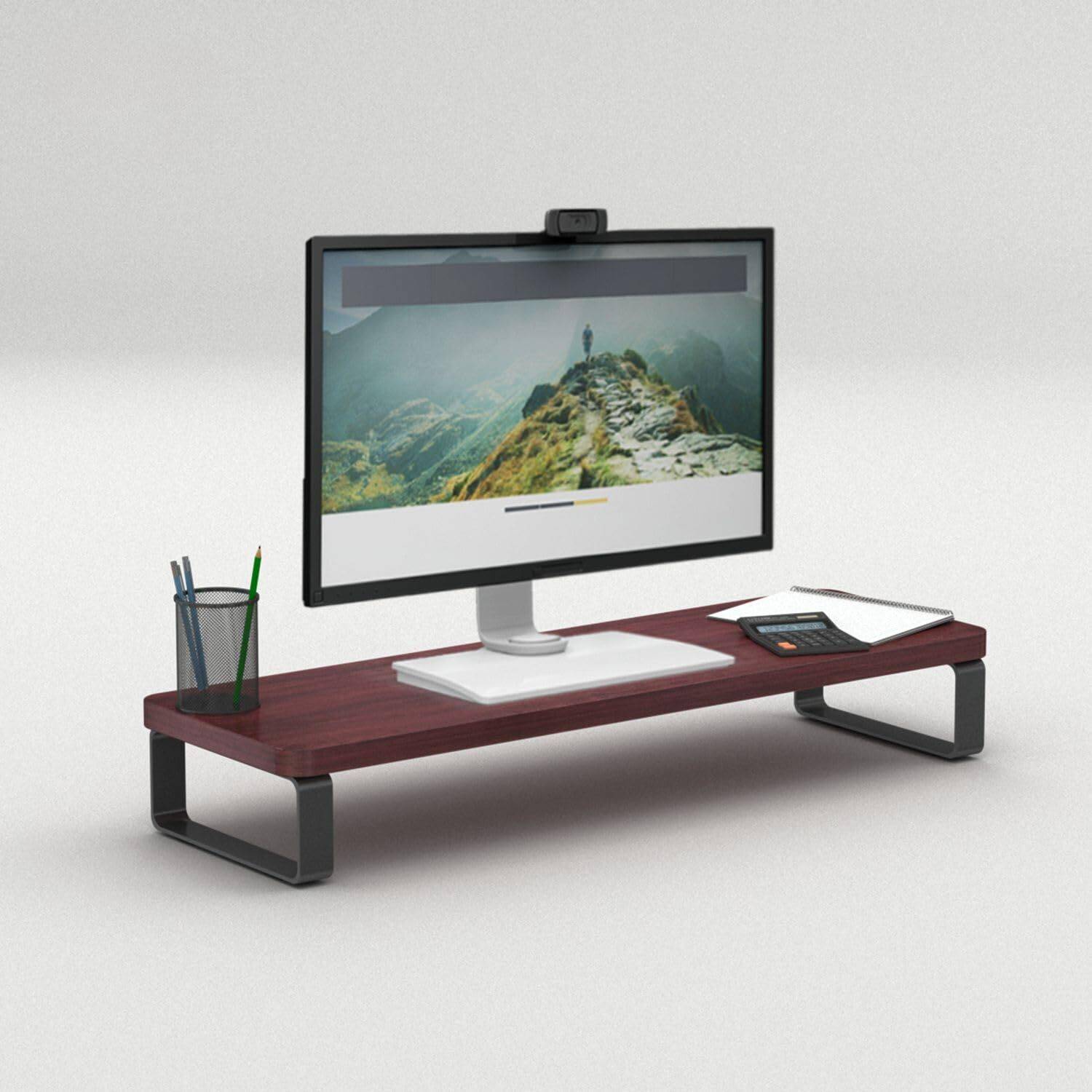 Handvoria Wooden Computer Monitor Stand Riser | Desktop Organizer for Monitor, Laptop & TV Desktop-Stand-Mahogany Finish Wooden Laptop Stand Compatible with 40 - 44cm, 36 - 39cm Laptops