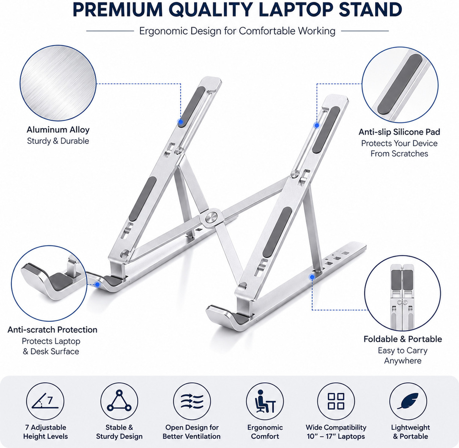Image of Comfortinglives Laptop Stand for Gaming Laptop Heavy Duty Foldable Aluminium Stand Laptop Stand for Gaming Laptop Aluminium Laptop Stand with Adjustable Height Compatible with Universal Laptops