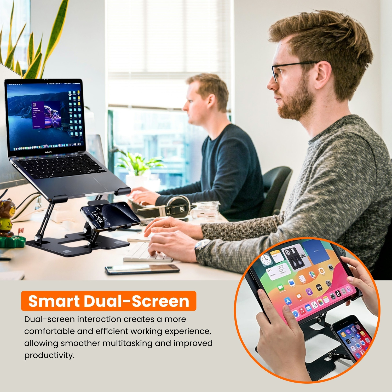 Image of Dyazo Plus 2 in 1 Adjustable Laptop Stand with Mobile Holder | Foldable & Ventilated Riser Carbon Steel Laptop Stand with Adjustable Height Compatible with Universal Laptops