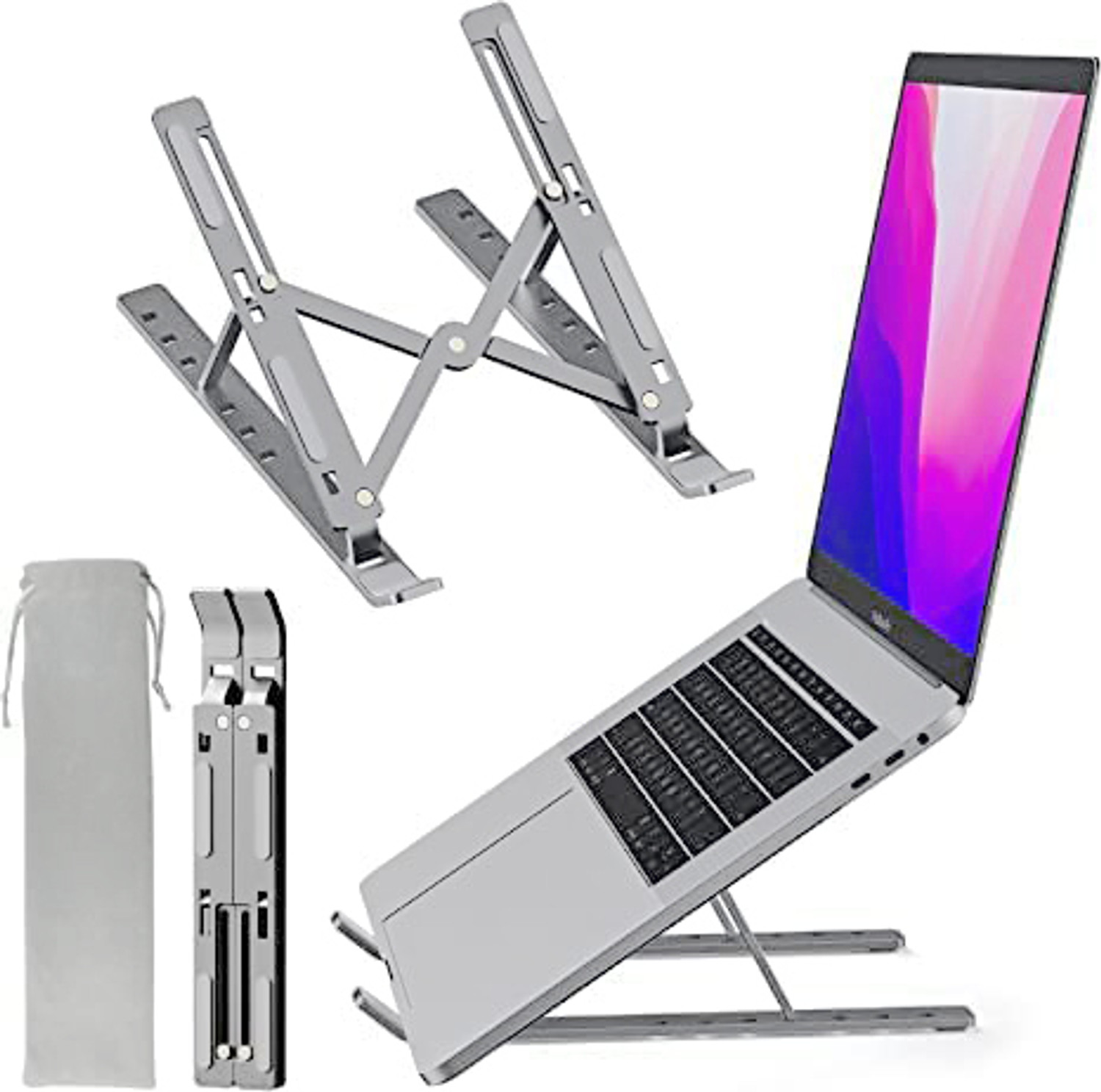 Image of StealODeal Silver 7 Angles Adjustable Aluminum Portable Desktop Holder Aluminium Floor and Desk Stand Rotatable Laptop Stand with Adjustable Height Compatible with Universal Laptops