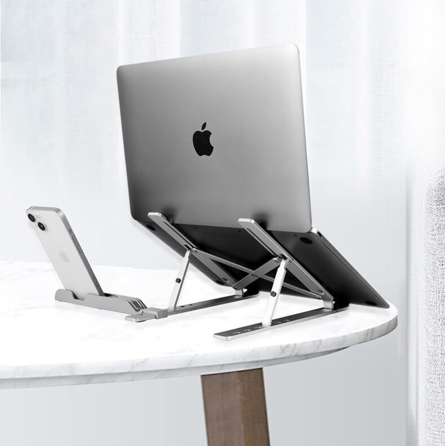 Image of TARKAN 2 in 1 Portable & Foldable Laptop Stand + Mobile Stand Aluminium Desk Stand Laptop Stand with Adjustable Height Compatible with Universal Laptops