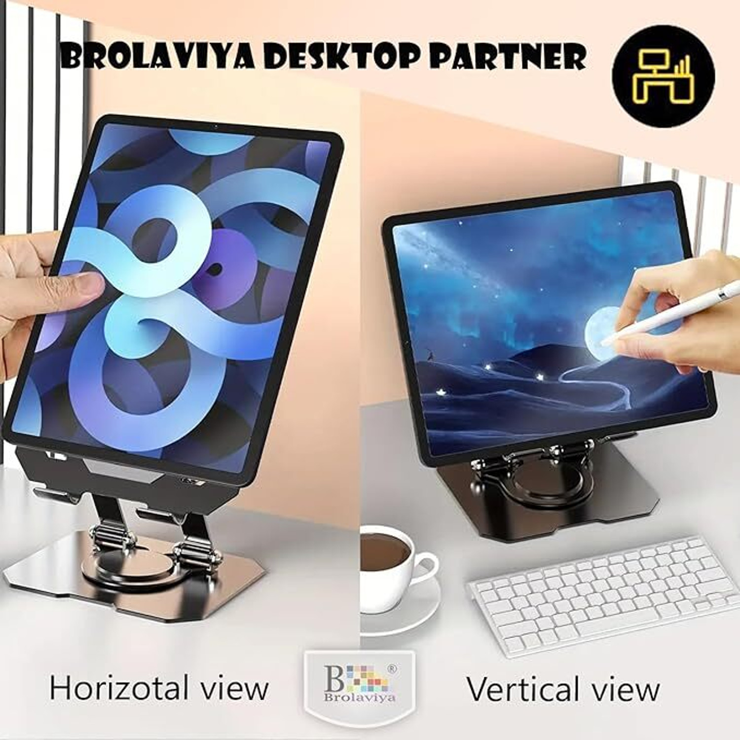 Image of RANZZER 360 Rotating Portable Aluminum Adjustable Folding Tablet Stand Holder for I Pad Aluminium Floor and Desk Stand Rotatable Laptop Stand with Adjustable Height Compatible with Universal Laptops