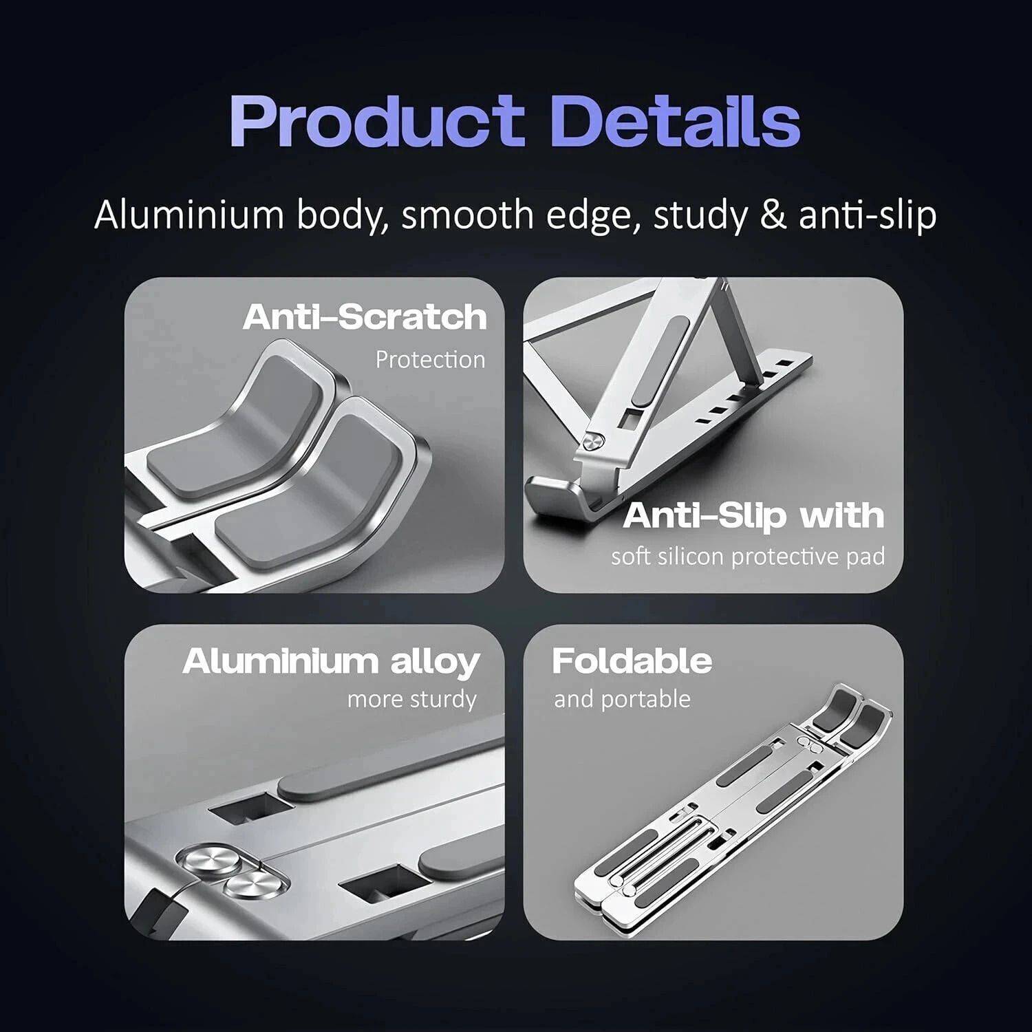 JTP Aluminum 6 Adjustable Foldable Portable Laptop Stand Desktop Tablet Stand FR11 Aluminium Rotatable Laptop Stand with Adjustable Height Compatible with Universal Laptops