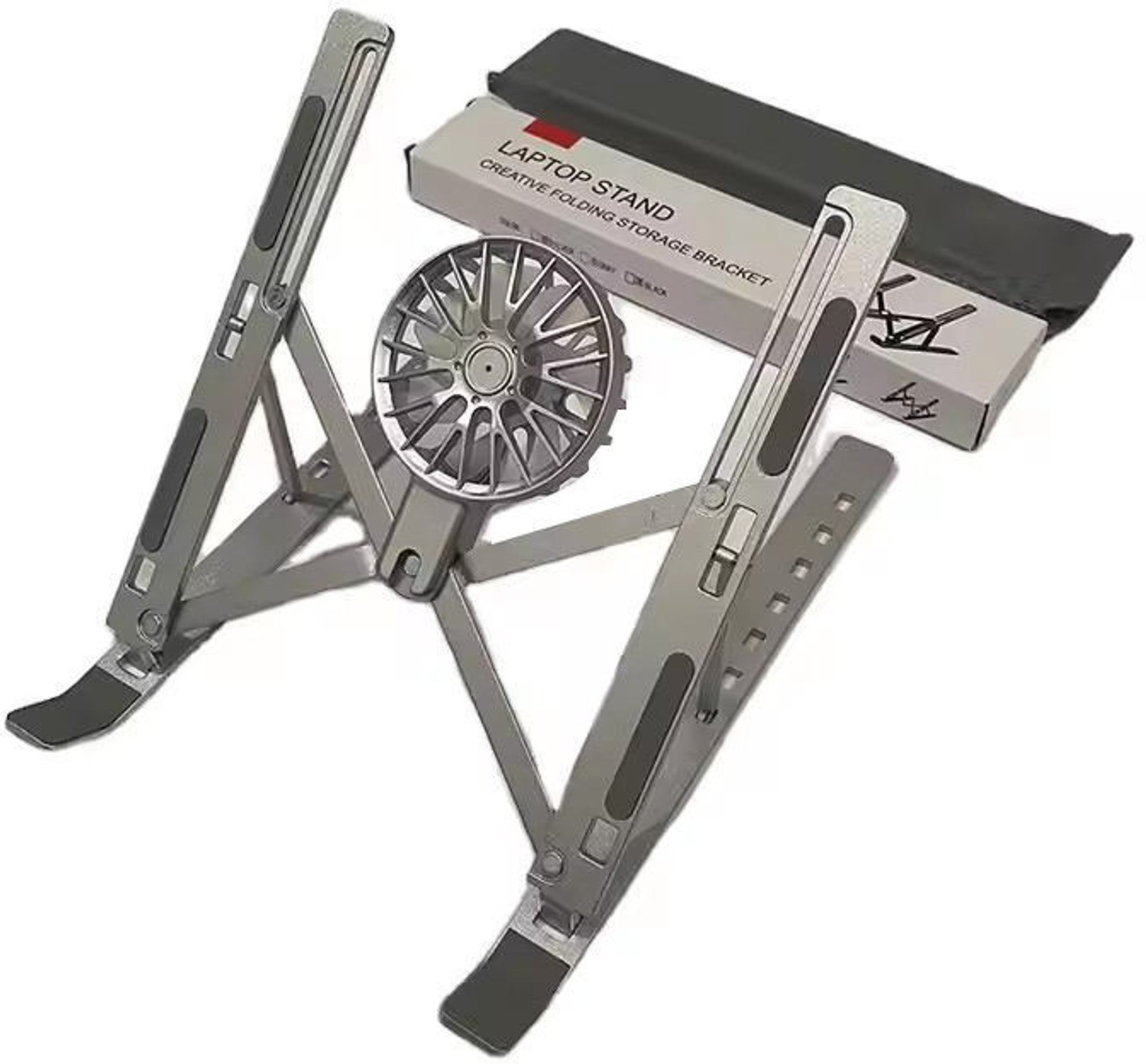 Image of Vinishq Portable Foldable Aluminum Laptop Stand with Detachable USB Cooling Fan Adjustable Height & Angle Notebook Holder Aluminium Floor and Desk Stand Laptop Stand with Adjustable Height Compatible with Universal Laptops