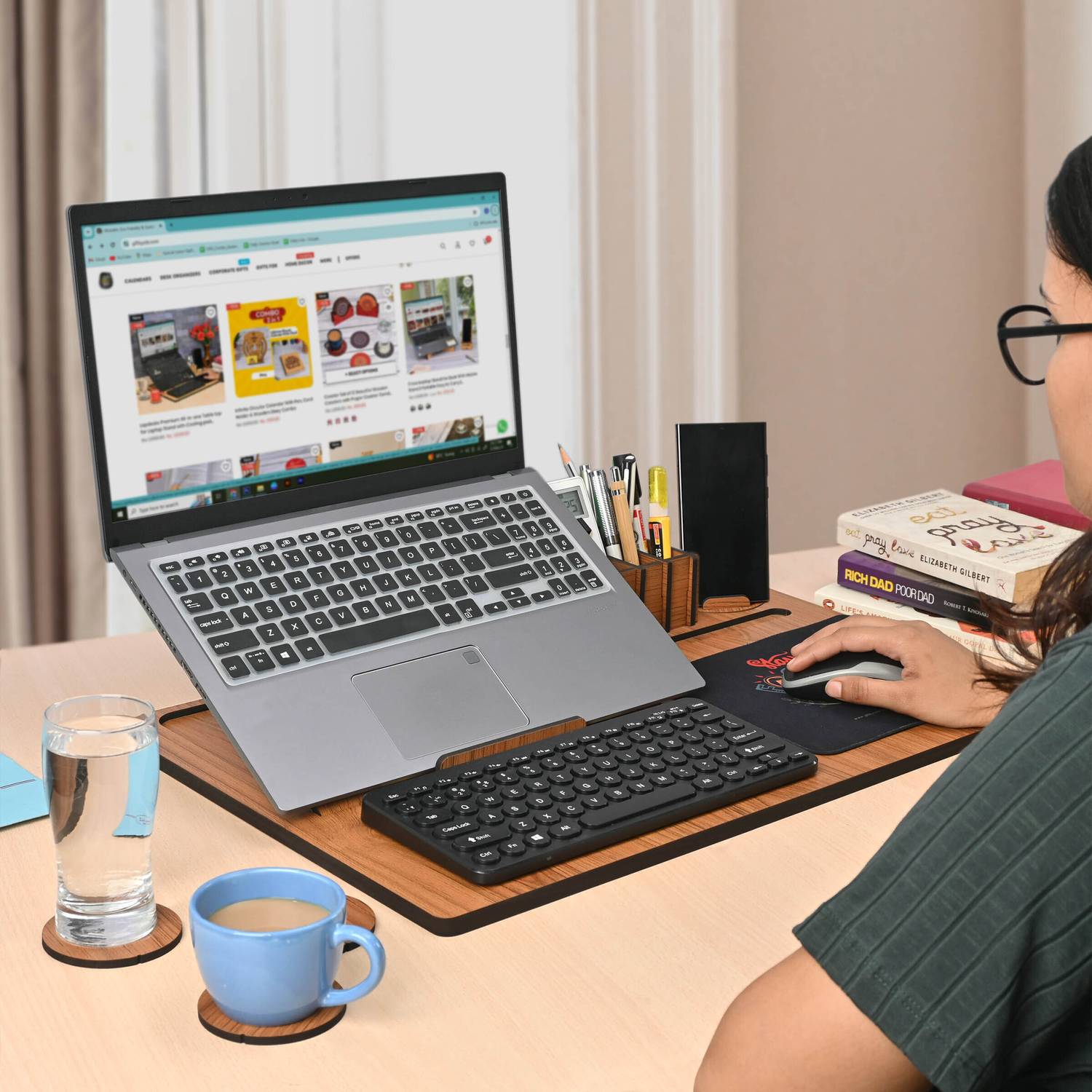 GIFT KYA DE Lap Desks All-in-1 Table Top for Laptop With Mouse Pad & Desk Organizer Coaster Wooden Rotatable Laptop Stand with Adjustable Height Compatible with Universal Laptops Price in India - Buy GIFT KYA DE Lap Desks All-in-1 Table Top for Laptop With Mouse Pad & Desk Organizer Coaster Wooden Rotatable Laptop Stand with Adjustable Height Compatible with Universal Laptops online at Flipkart.com