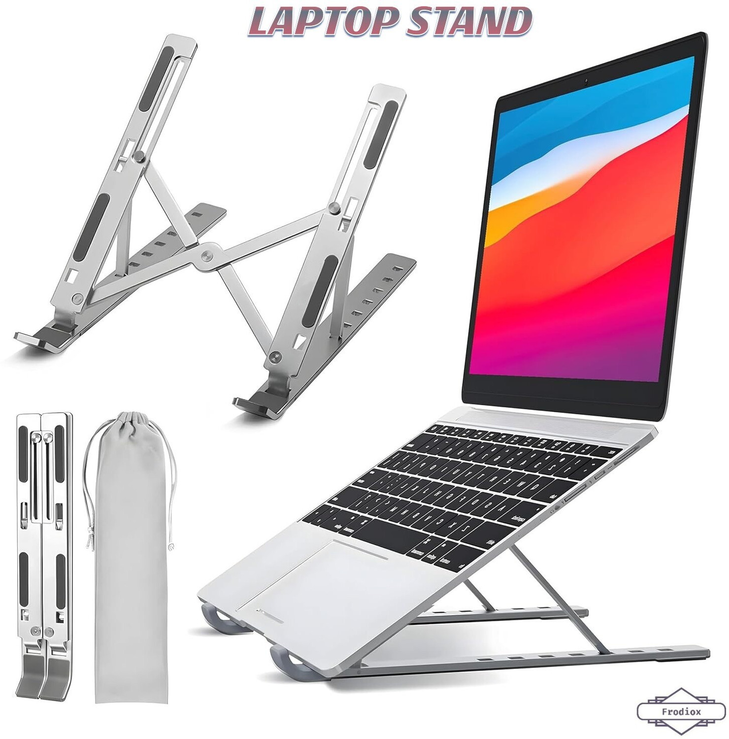 Image of Frodiox Aluminum 6 Adjustable Foldable Portable Laptop Stand Desktop Tablet Stand FR17 Aluminium Rotatable Laptop Stand with Adjustable Height Compatible with Universal Laptops