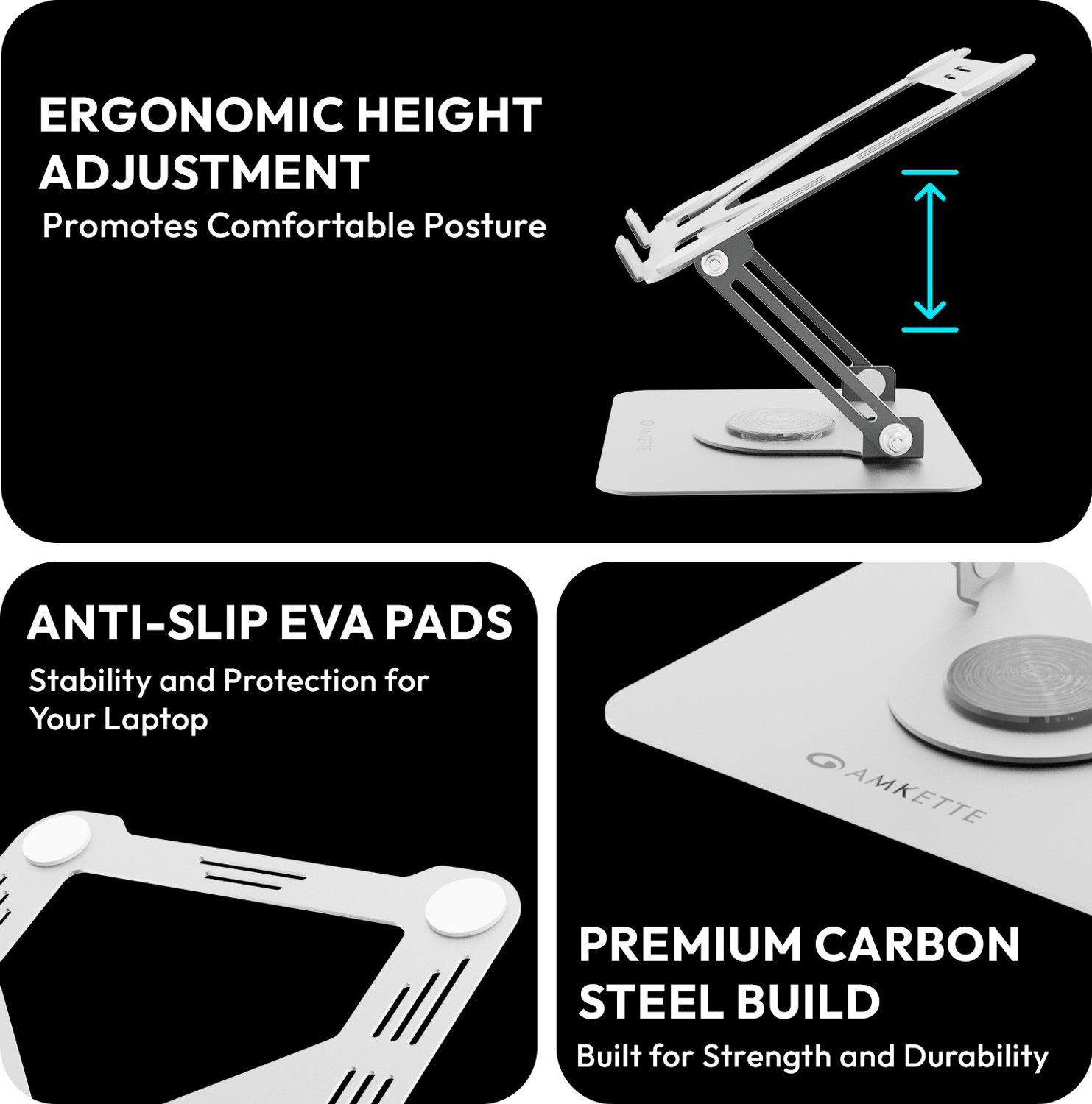 Image of AMKETTE Ergo Hi-Rise 360 Metal 15.6 inches Carbon Steel Rotatable Laptop Stand with Adjustable Height Compatible with Universal Laptops