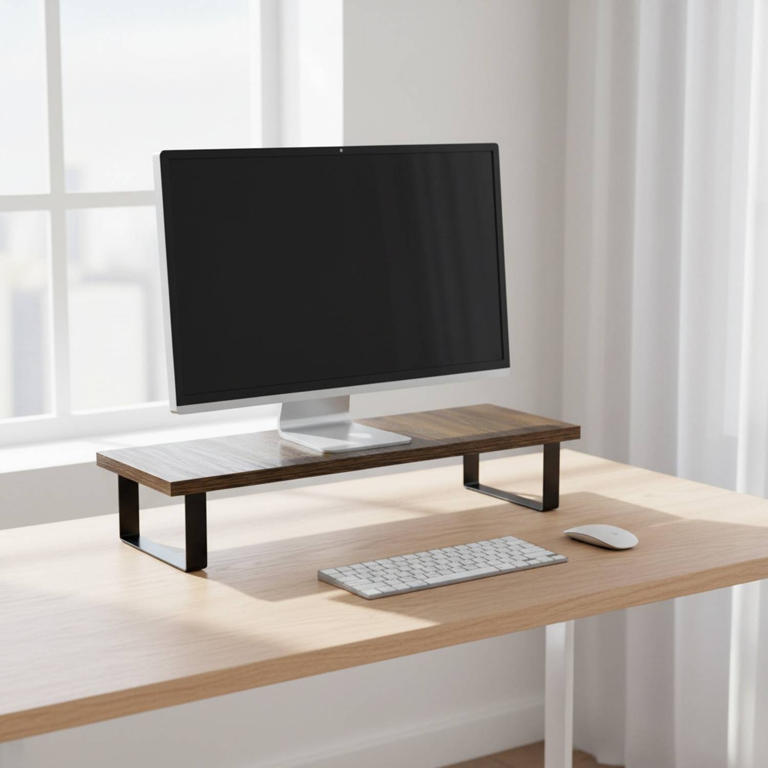 Flux Monitor Riser Stand Metal Legs | Study, Office & Computer Table Walnut Brown Wooden Laptop Stand Compatible with Universal Laptops
