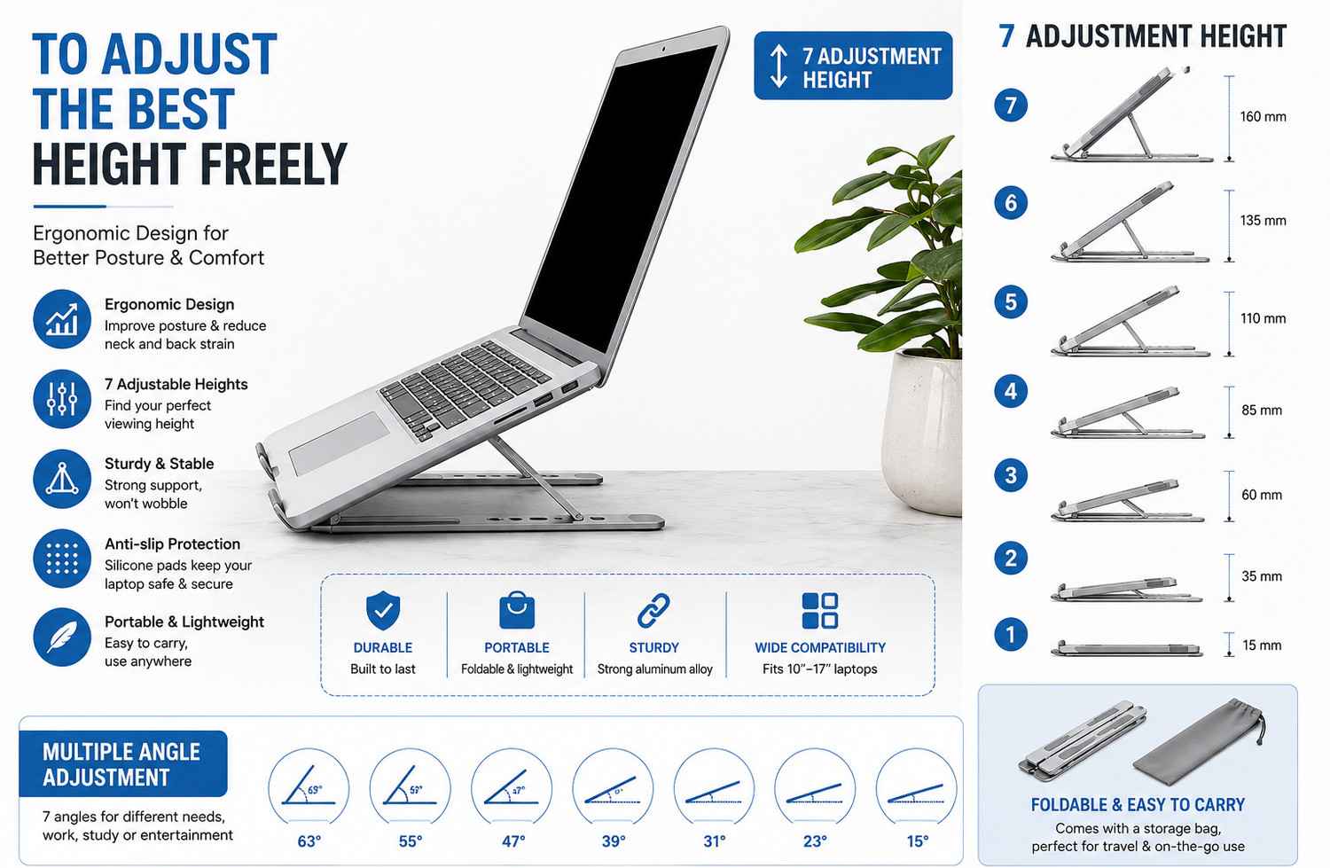 Image of Cipto Aluminium Portable Foldable Laptop Stand (Model H1427) Folding Height Adjustable Aluminium Foldable Portable Desktop Holder Riser Aluminium Laptop Stand with Adjustable Height Compatible with 36 - 39cm Laptops