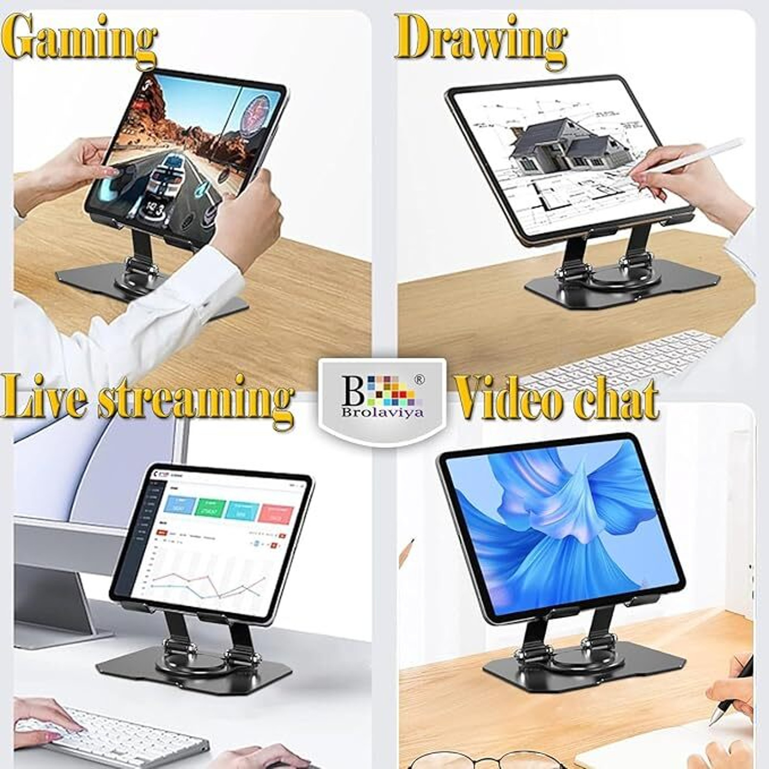 Image of RANZZER 360 Rotating Portable Aluminum Adjustable Folding Tablet Stand Holder for I Pad Aluminium Floor and Desk Stand Rotatable Laptop Stand with Adjustable Height Compatible with Universal Laptops