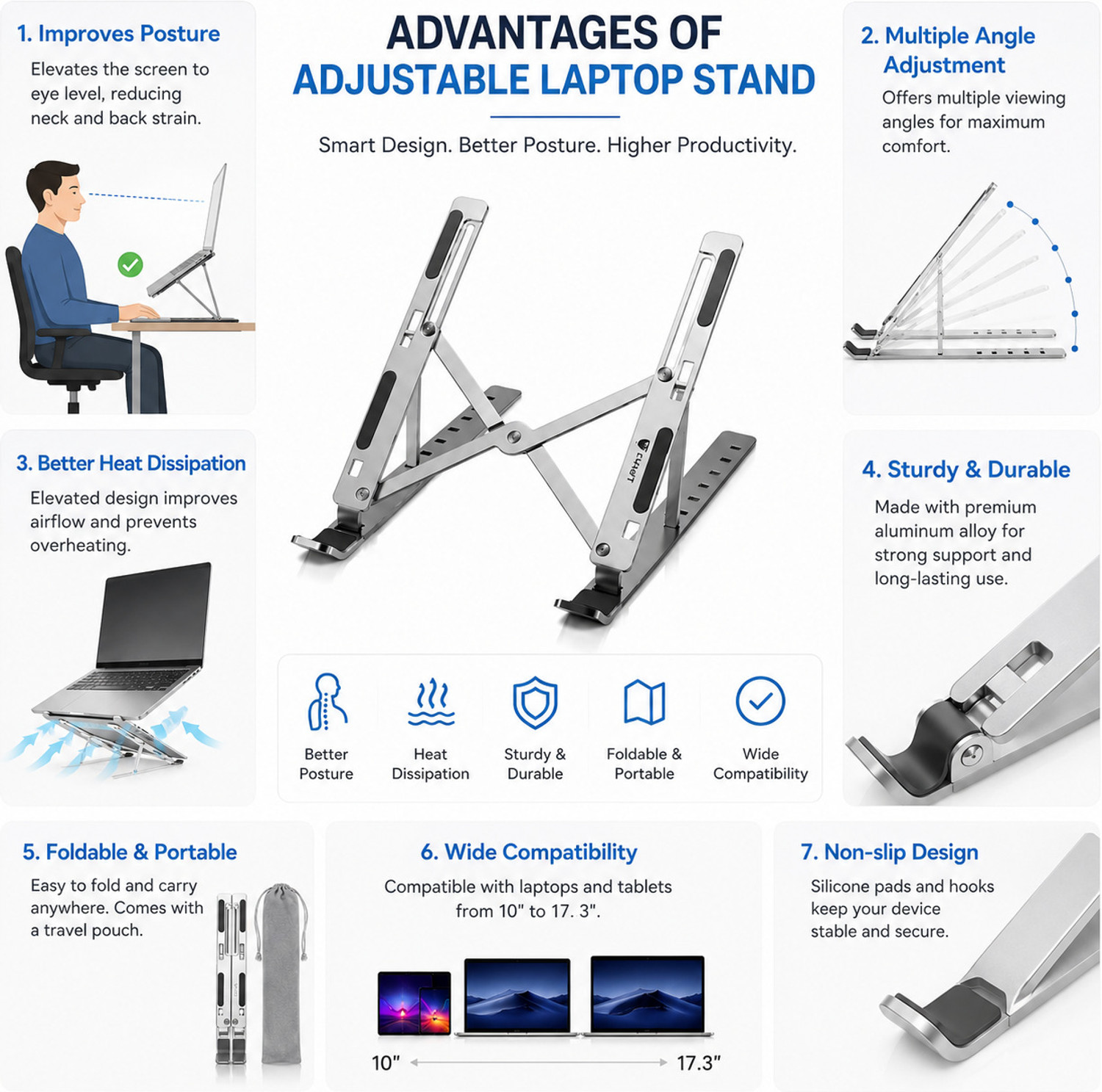 Image of Nexora Desk Laptop Stand 7 Angle Adjustable Aluminum Alloy Portable Laptop Holder Metal Desk Laptop Stand Aluminium Laptop Stand with Adjustable Height Compatible with Universal Laptops
