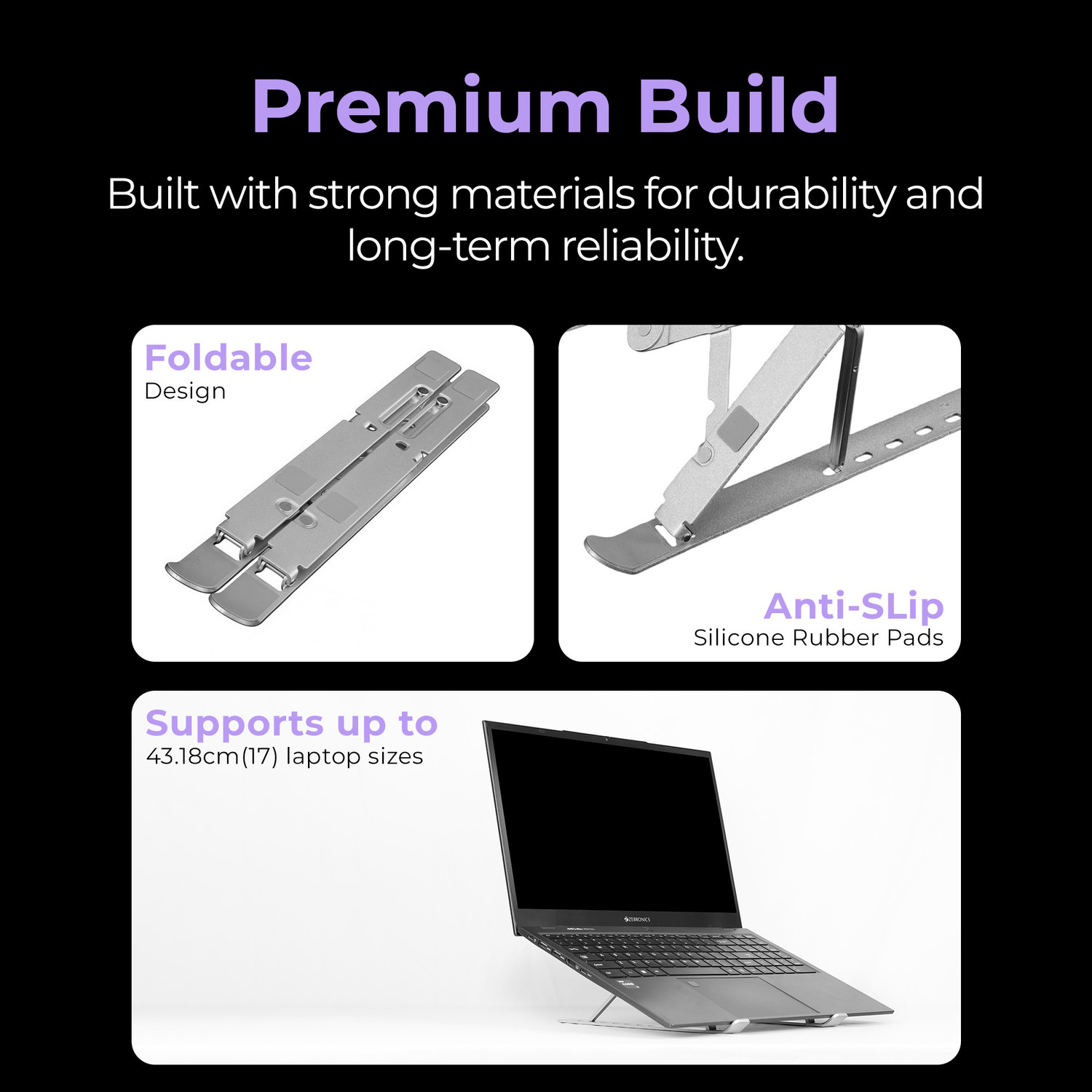 Image of ZEBRONICS ZEB-NS2000 PLUS Aluminium Laptop Stand with Adjustable Height Compatible with 40 - 44cm Laptops