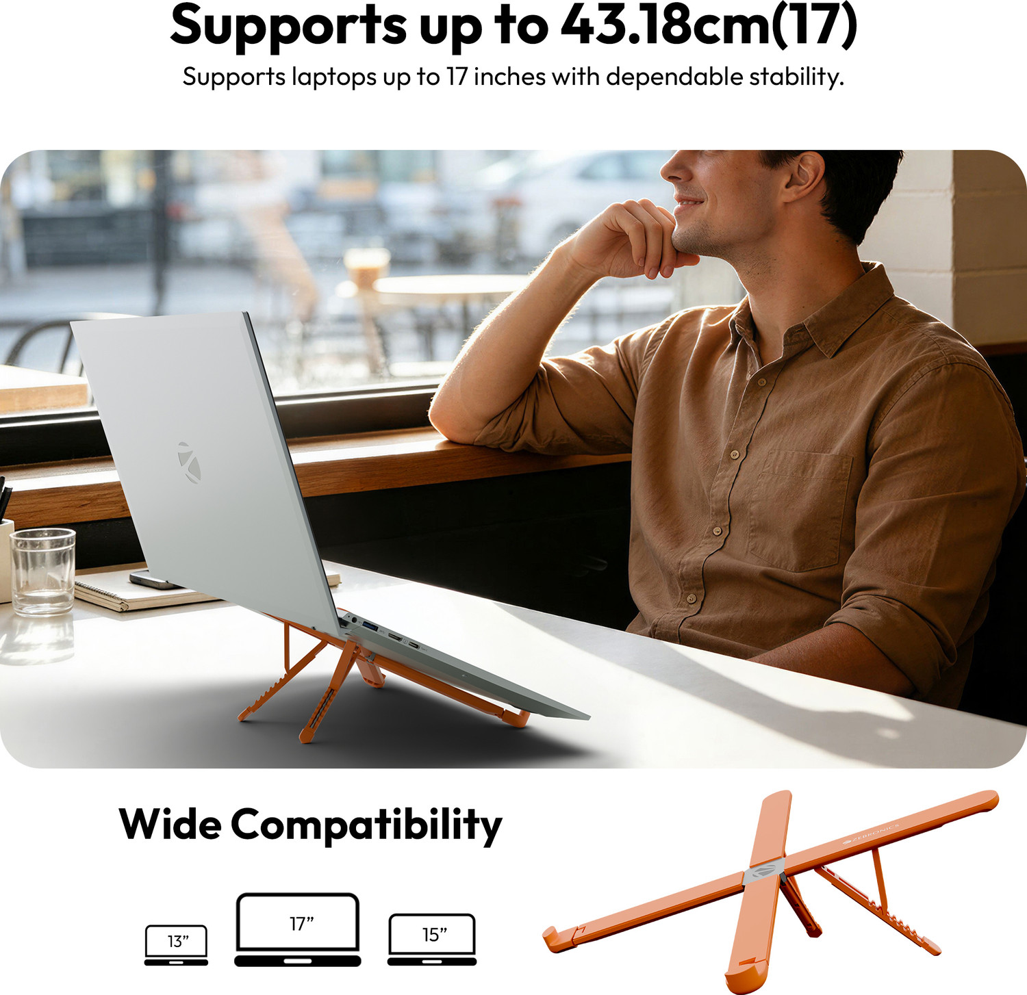 Image of ZEBRONICS ZEB-NS2500 (Orange) ZEB-NS2500 (Orange) Silicone, Plastic Laptop Stand with Adjustable Height Compatible with 26 - 35 cm, 36 - 39cm, 40 - 44cm Laptops