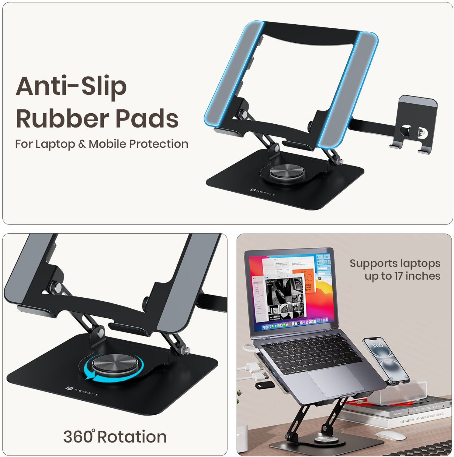 Image of Portronics My Buddy K9 Pro Max Laptop Stand with USB Hub, Phone Holder & 360 Rotation POR-3335 Carbon Steel Rotatable Laptop Stand with Adjustable Height Compatible with Universal Laptops