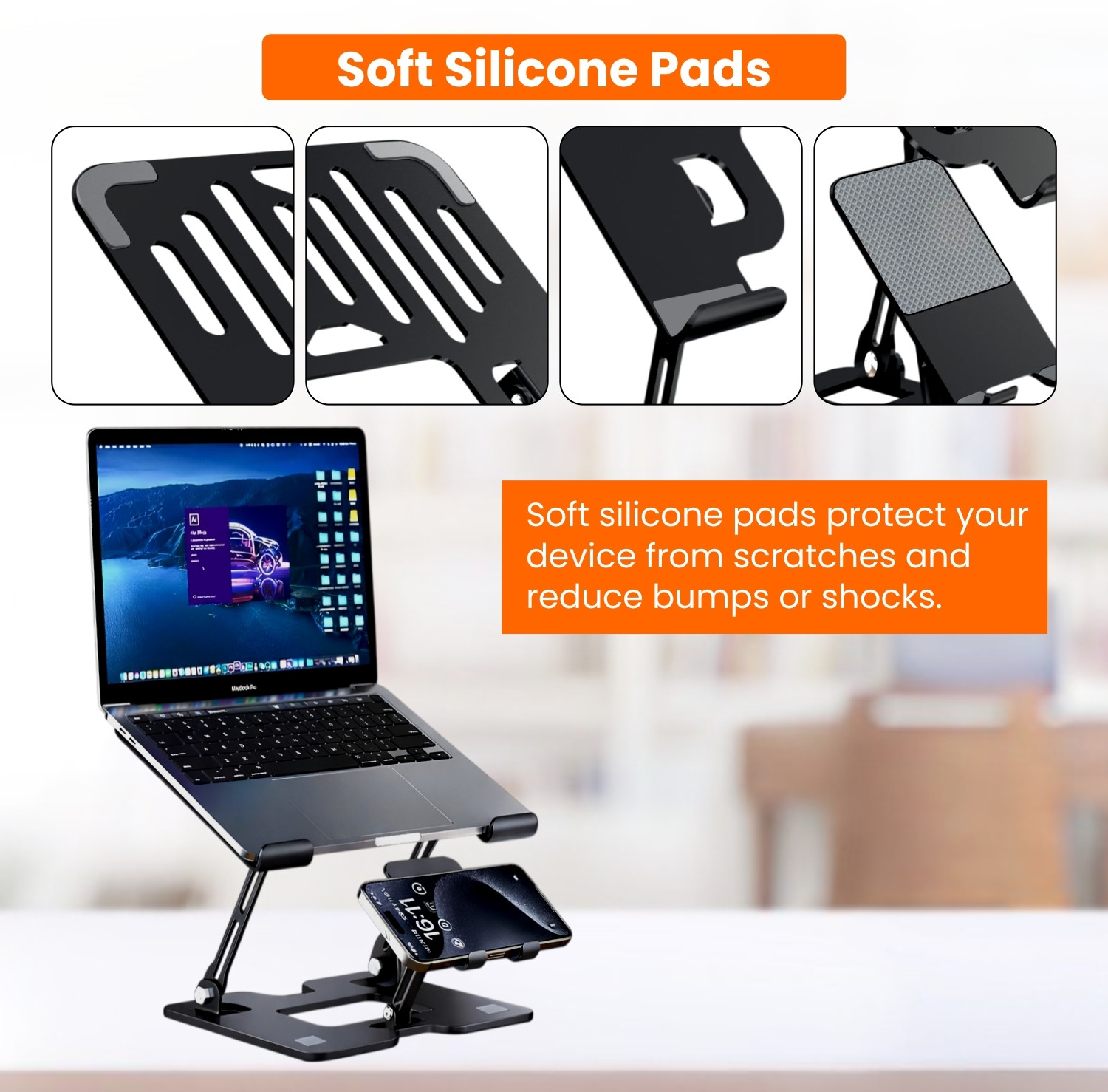 Image of Dyazo Plus 2 in 1 Adjustable Laptop Stand with Mobile Holder | Foldable & Ventilated Riser Carbon Steel Laptop Stand with Adjustable Height Compatible with Universal Laptops