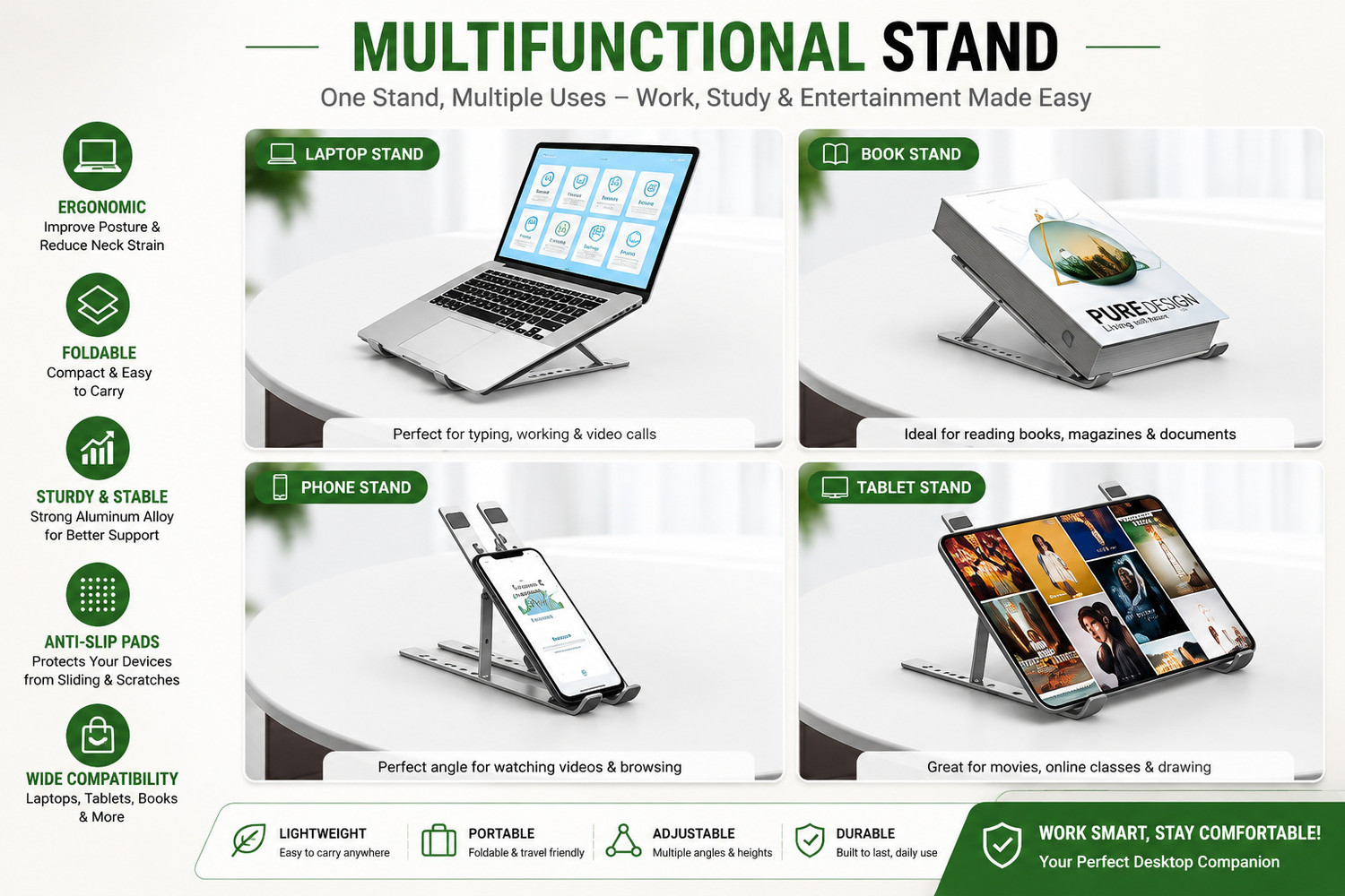Image of Cipto Aluminium Portable Foldable Laptop Stand (Model H1427) Folding Height Adjustable Aluminium Foldable Portable Desktop Holder Riser Aluminium Laptop Stand with Adjustable Height Compatible with 36 - 39cm Laptops