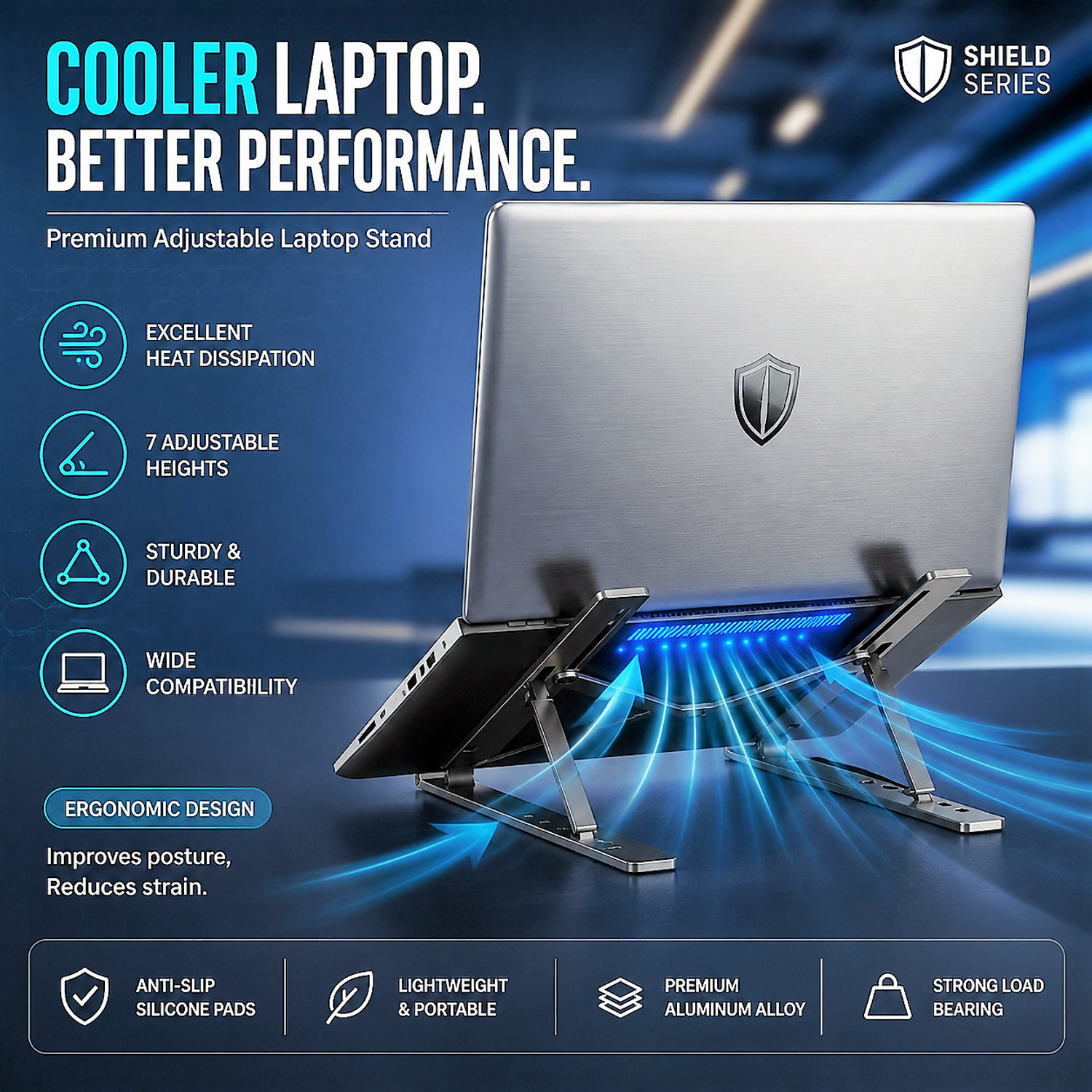 Image of Nexora Desk Laptop Stand 7 Angle Adjustable Aluminum Alloy Portable Laptop Holder Metal Desk Laptop Stand Aluminium Laptop Stand with Adjustable Height Compatible with Universal Laptops