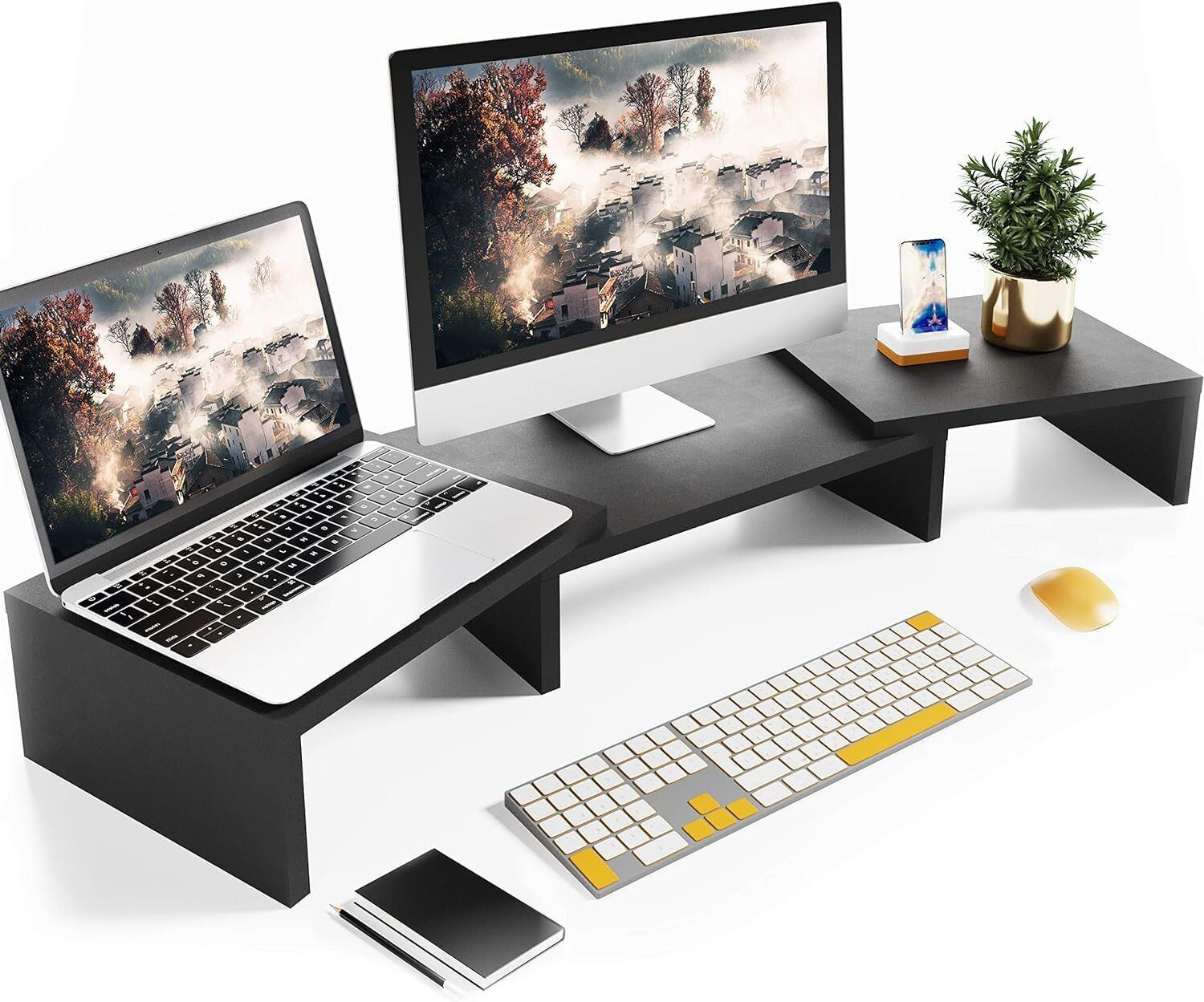 Image of UniAart Dual Monitor Stand Riser for 2 Monitors Laptop Stand Dual Monitor Stand Riser for 2 Monitors Wooden Rotatable Laptop Stand Compatible with Universal, 26 - 35 cm, 36 - 39cm, 40 - 44cm Laptops (Brown)