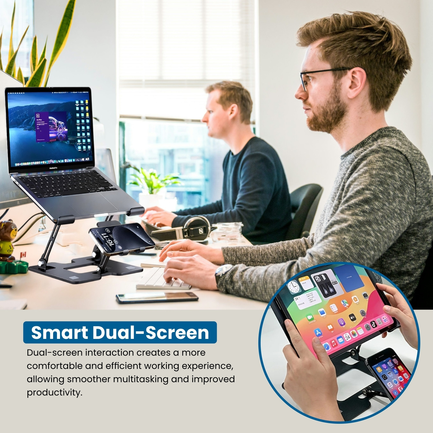 Image of Dyazo Plus 2-in-1 Laptop & Mobile Stand with Dual Cooling Fan Ventilated Silent Design DZ9696 Carbon Steel Laptop Stand with Adjustable Height Compatible with Universal Laptops
