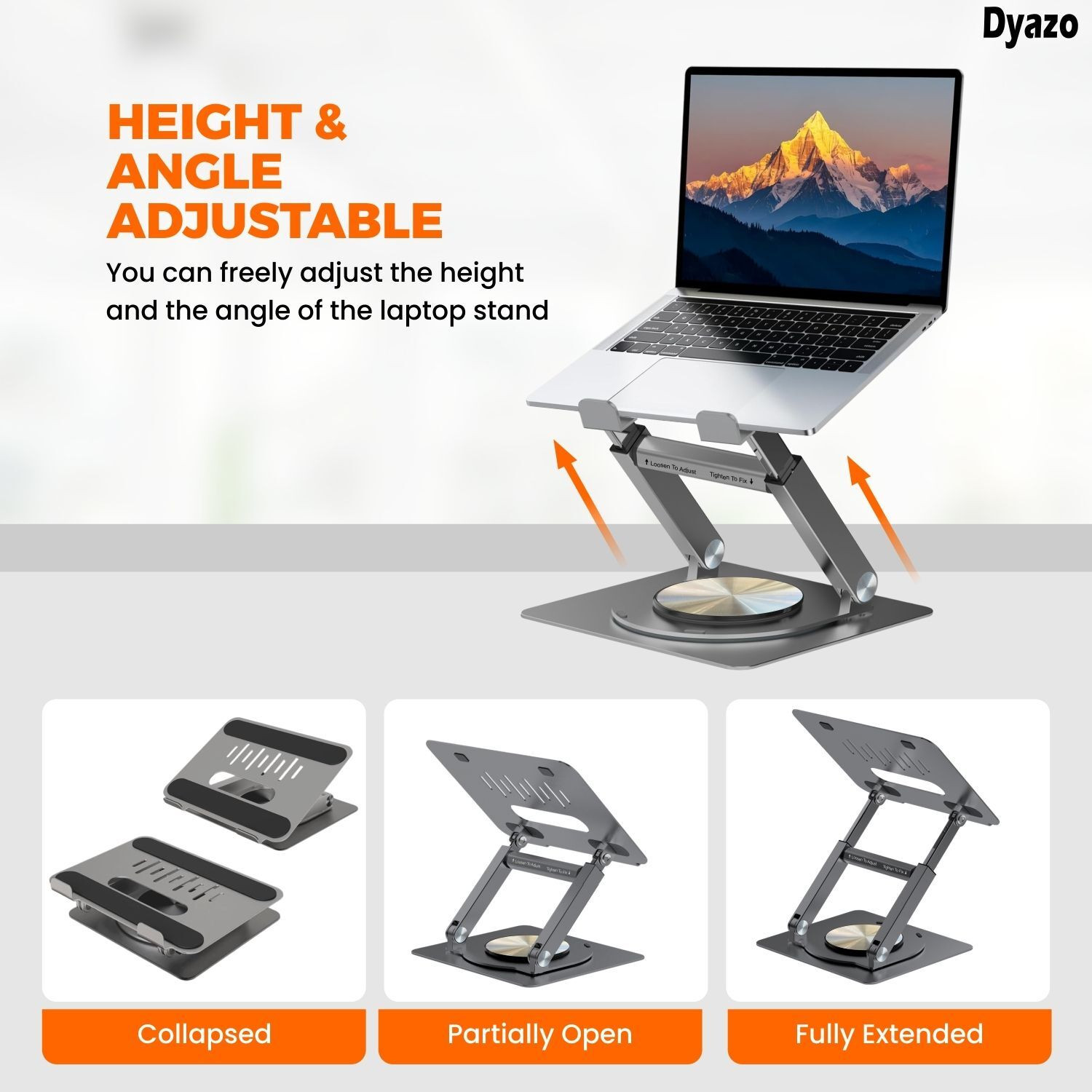 Image of Dyazo Plus 360 Laptop Stand Foldable Riser with Swivel Base Anti-Slip Design & Standing Use Carbon Steel Desk Stand Rotatable Laptop Stand with Adjustable Height Compatible with Universal Laptops