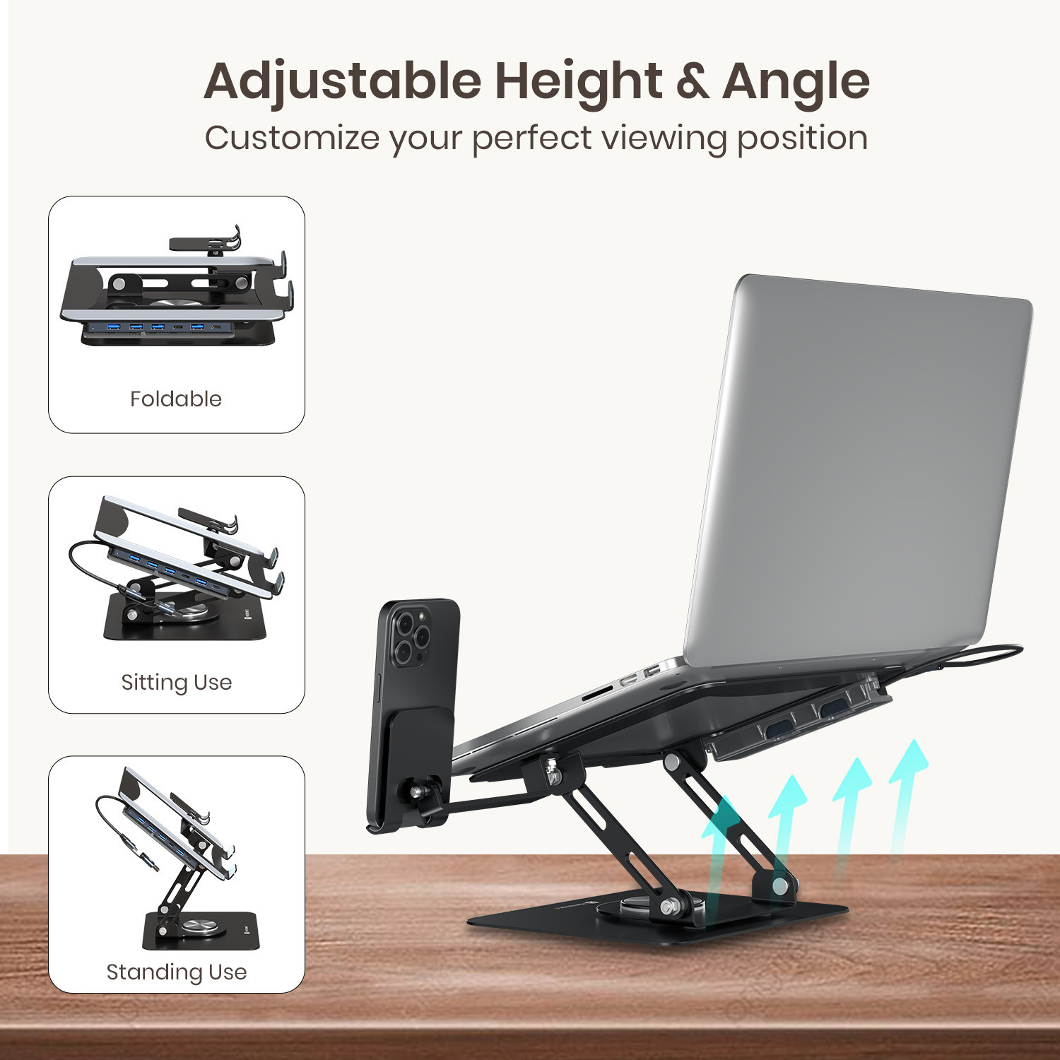 Image of Portronics My Buddy K9 Pro Max Laptop Stand with USB Hub, Phone Holder & 360 Rotation POR-3335 Carbon Steel Rotatable Laptop Stand with Adjustable Height Compatible with Universal Laptops
