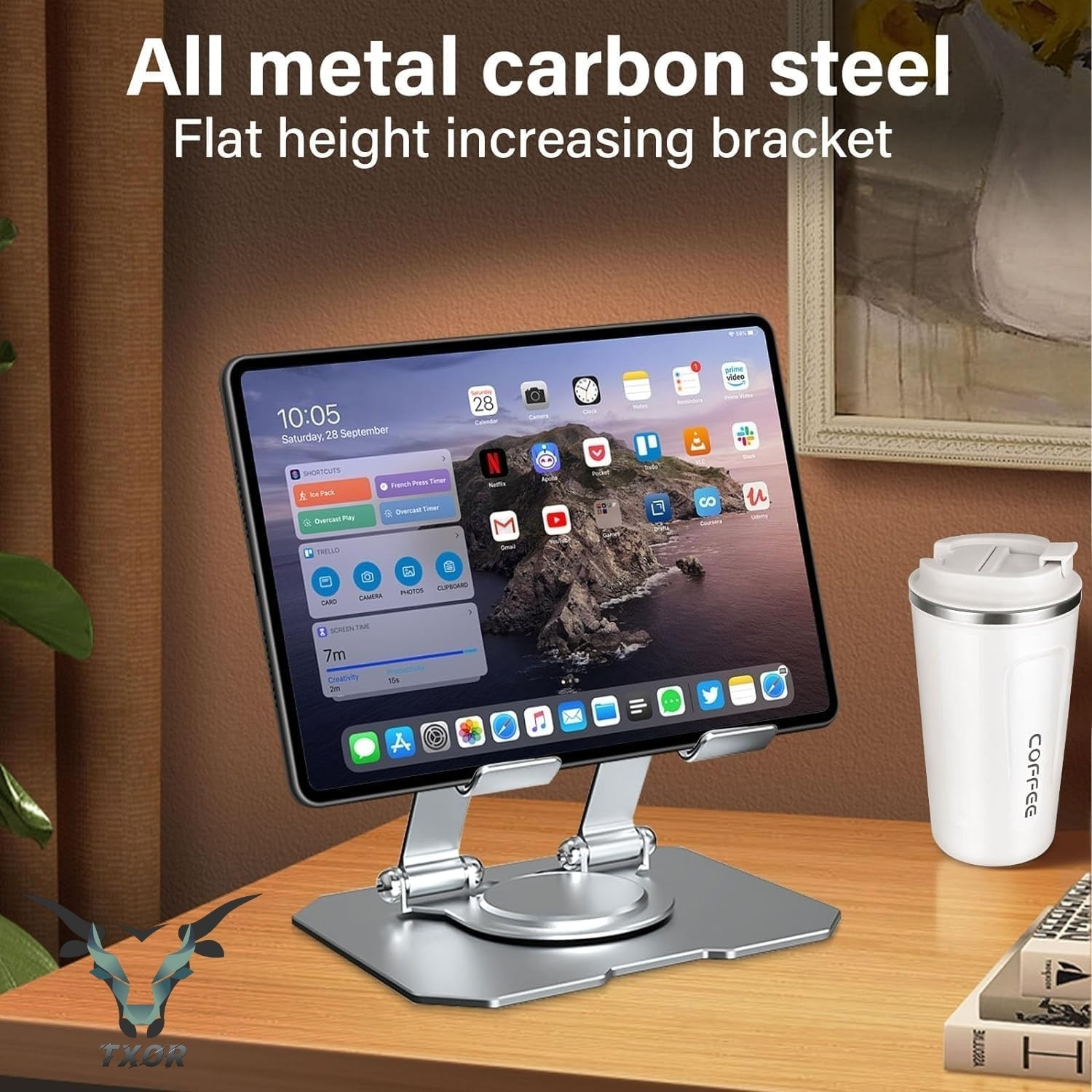 Image of TXOR MAZ-X40, Portable Heavy Duty 360 Degree Rotatable Stand Black Color for Tablets & Phones Carbon Steel Rotatable Laptop Stand with Adjustable Height Compatible with Universal Laptops