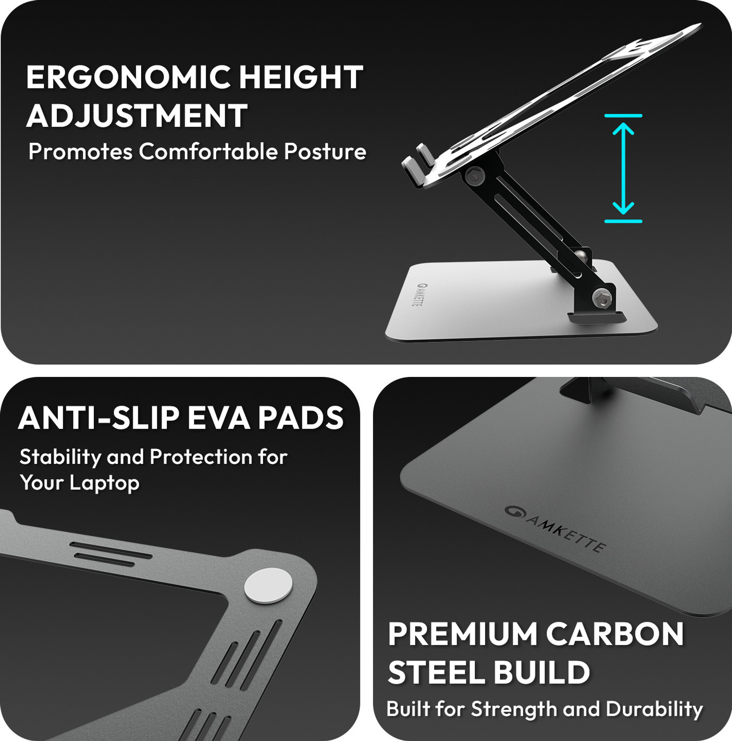Image of AMKETTE Ergo Hi-Rise Metal Alloy, Adjustable Height and Foldable 15.6 inches Carbon Steel Laptop Stand with Adjustable Height Compatible with Universal Laptops