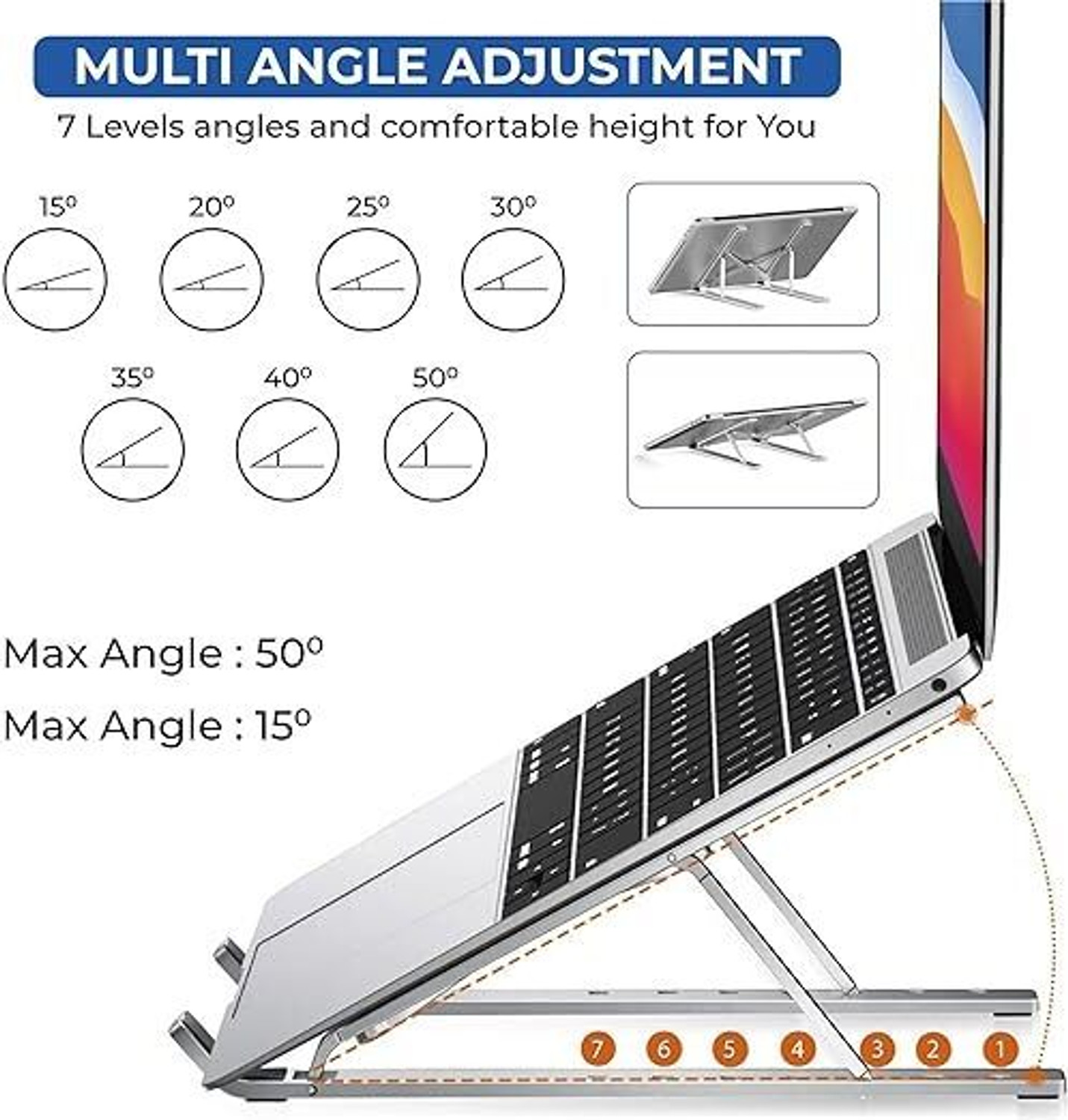 Image of NUCLETRIC Aluminum 6 Adjustable Foldable Portable Laptop Stand Desktop Tablet Stand Aluminium Desk Stand Laptop Stand with Adjustable Height Compatible with Universal Laptops