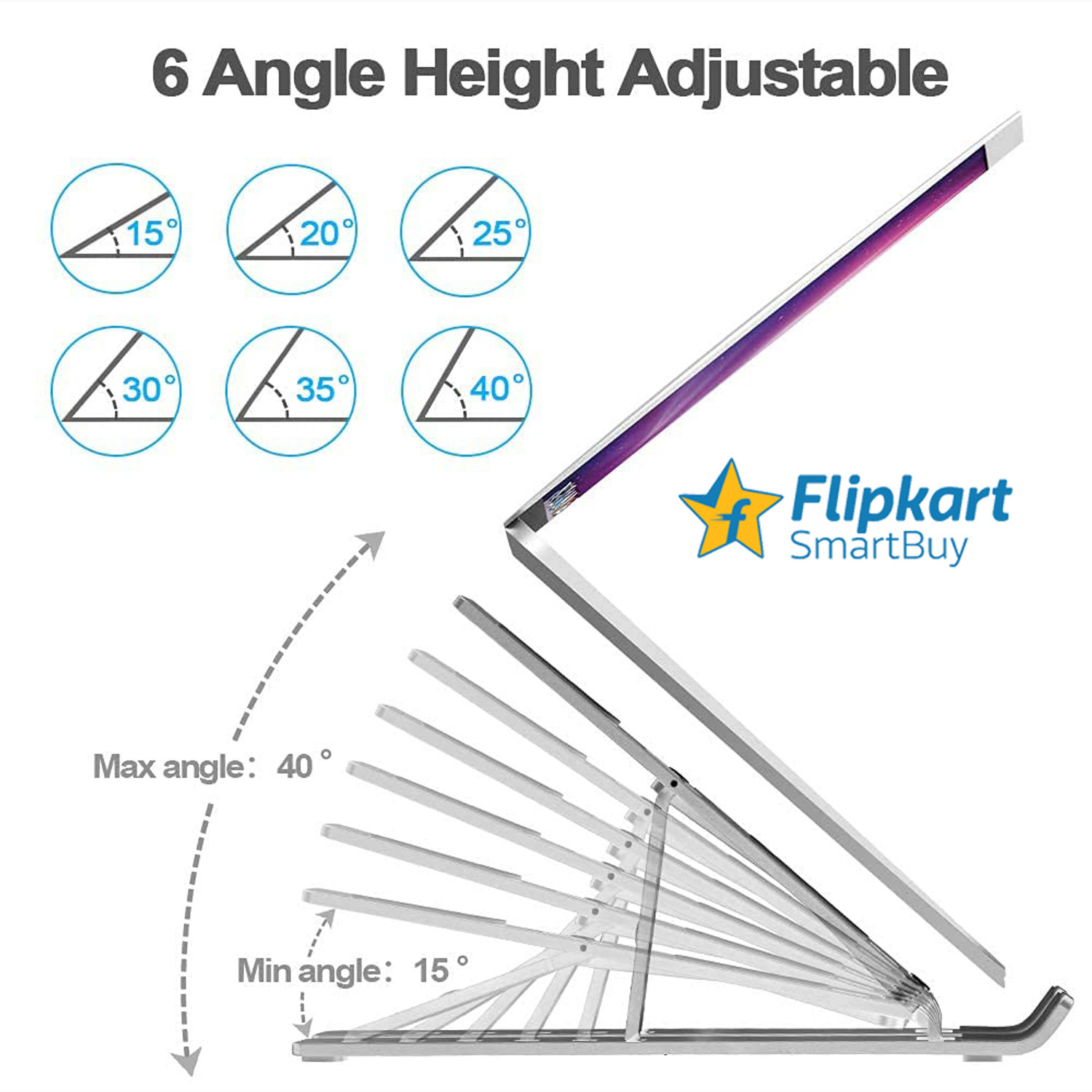 Image of Flipkart SmartBuy 6 Angles Adjustable Aluminum Foldable Portable Laptop /Desktop Stand Stainless Steel Floor and Desk Stand Rotatable Laptop Stand with Adjustable Height Compatible with Universal Laptops
