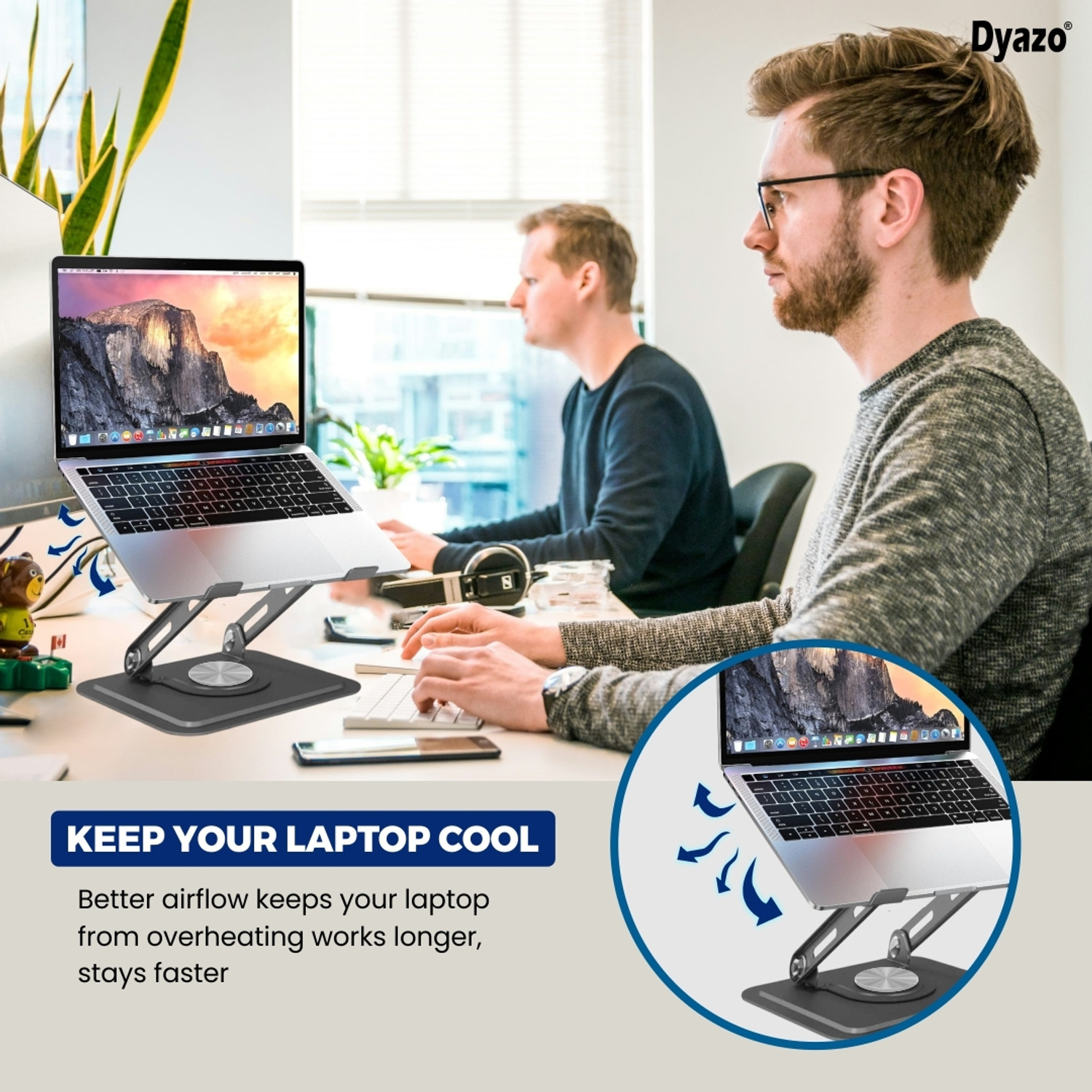 Image of Dyazo Plus 360 Rotating Laptop Stand Foldable Tabletop Riser Upto 15.6 Inch Laptops DZ556 Aluminium Rotatable Laptop Stand with Adjustable Height Compatible with Universal Laptops
