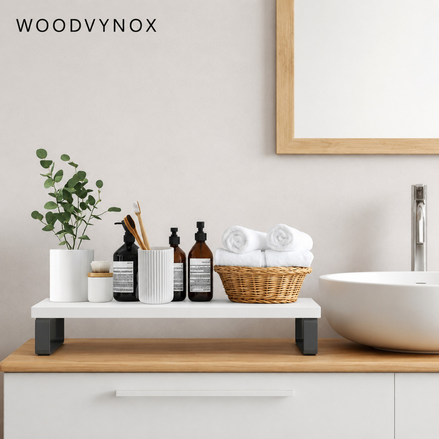 Image of Woodvynox WYNX-Monitor Stand-Rustic Red Wooden Laptop Stand Compatible with 40 - 44cm Laptops