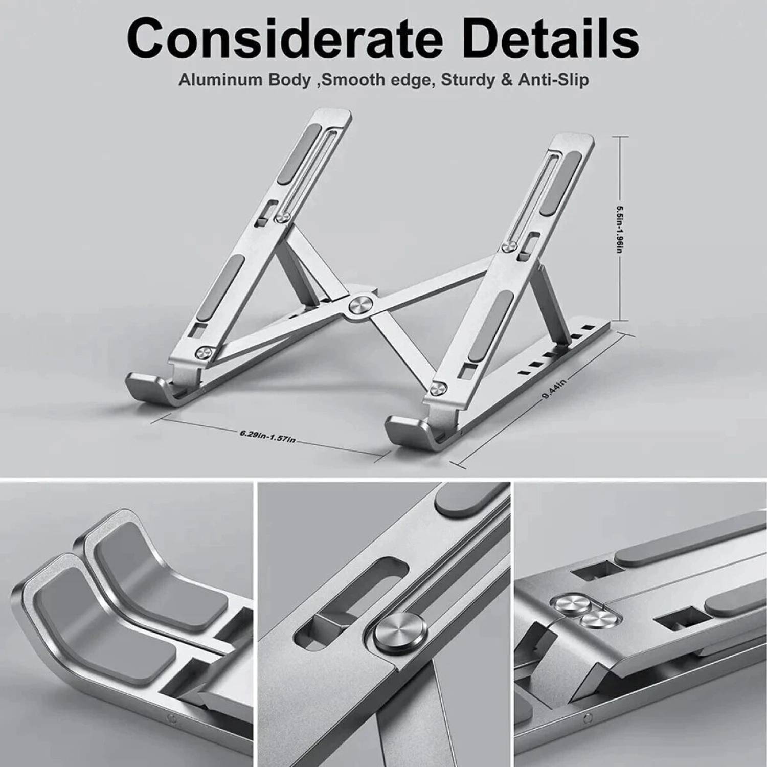 JTP Aluminum 6 Adjustable Foldable Portable Laptop Stand Desktop Tablet Stand FR12 Aluminium Rotatable Laptop Stand with Adjustable Height Compatible with Universal Laptops