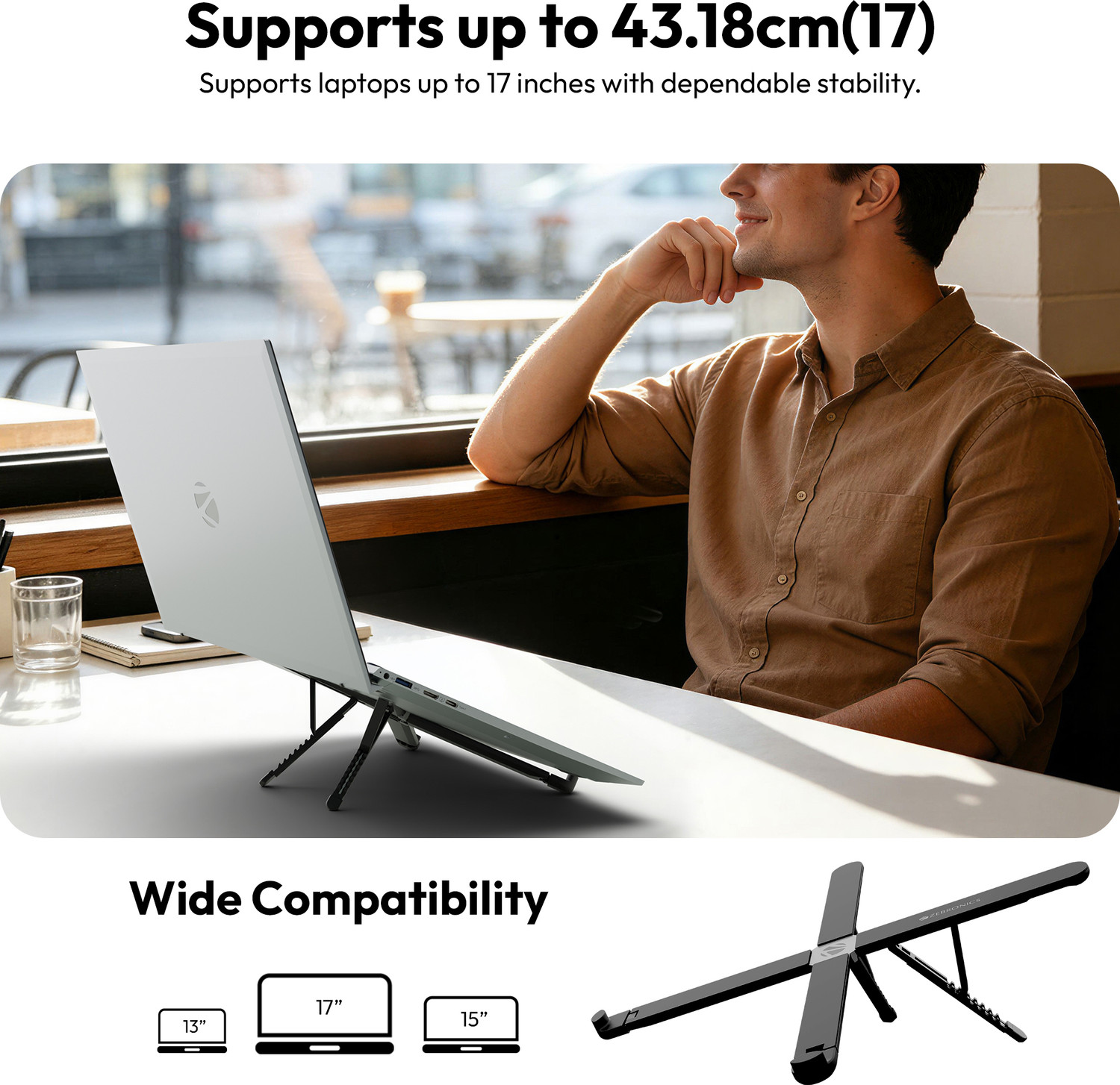 Image of ZEBRONICS ZEB-NS2500 (Black) ZEB-NS2500 (Black) Silicone, Plastic Laptop Stand with Adjustable Height Compatible with 26 - 35 cm, 36 - 39cm, 40 - 44cm Laptops