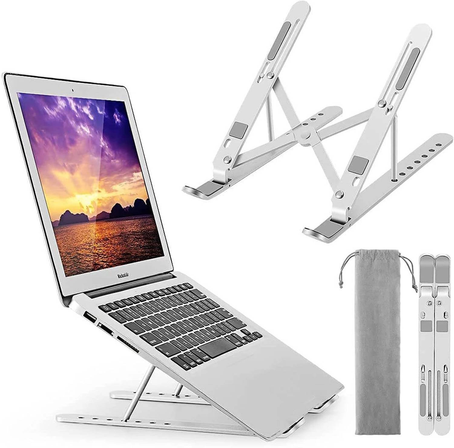 StealODeal Silver Laptop Stand 7 Angles Adjustable Aluminum Ergonomic Foldable Portable Desktop Holder Compatible with MacBook, HP, Dell, Lenovo & All Other Notebook Stainless Steel Laptop Stand with Adjustable Height Compatible with Universal Laptops