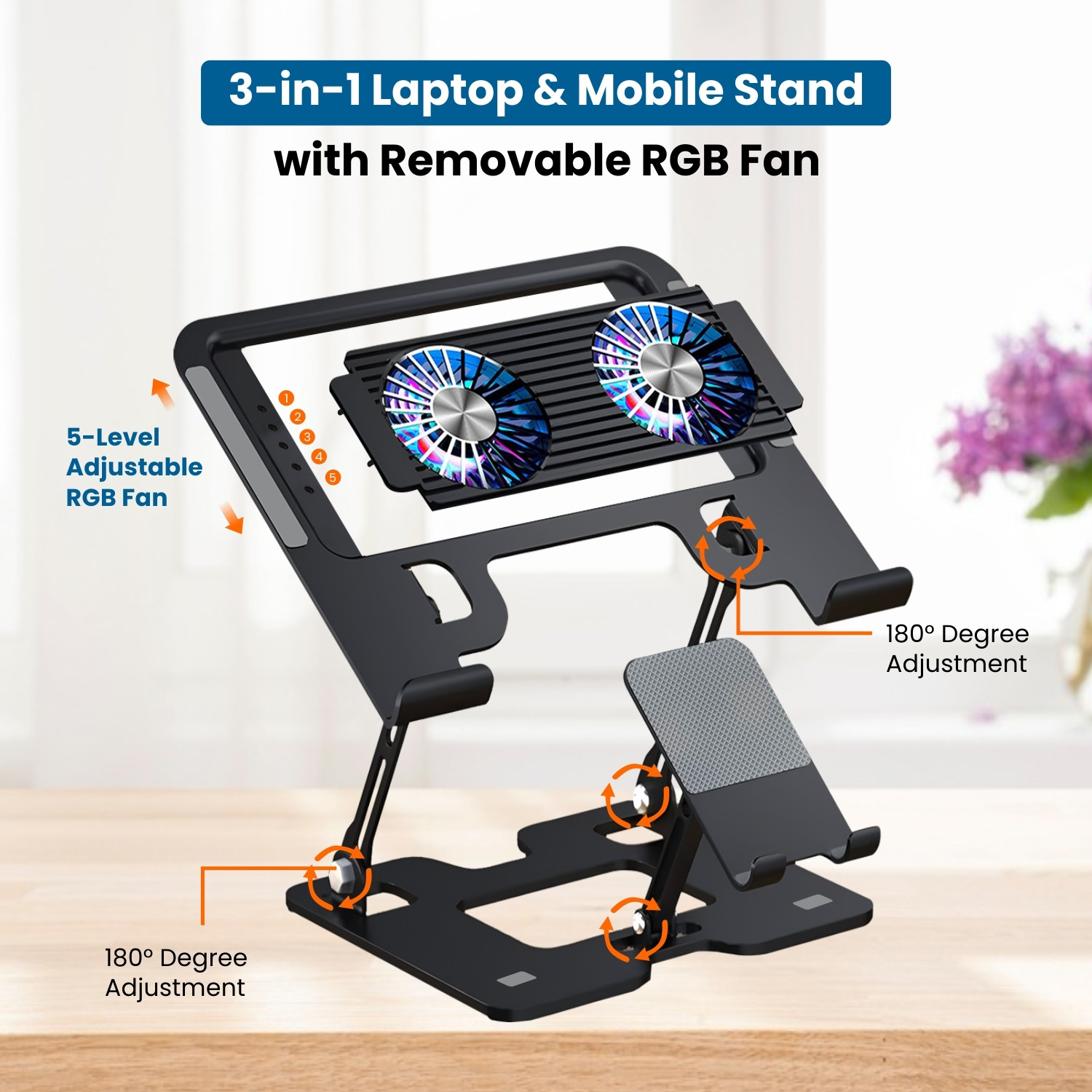 Image of Dyazo Plus 2-in-1 Laptop & Mobile Stand with Dual Cooling Fan Ventilated Silent Design DZ9696 Carbon Steel Laptop Stand with Adjustable Height Compatible with Universal Laptops