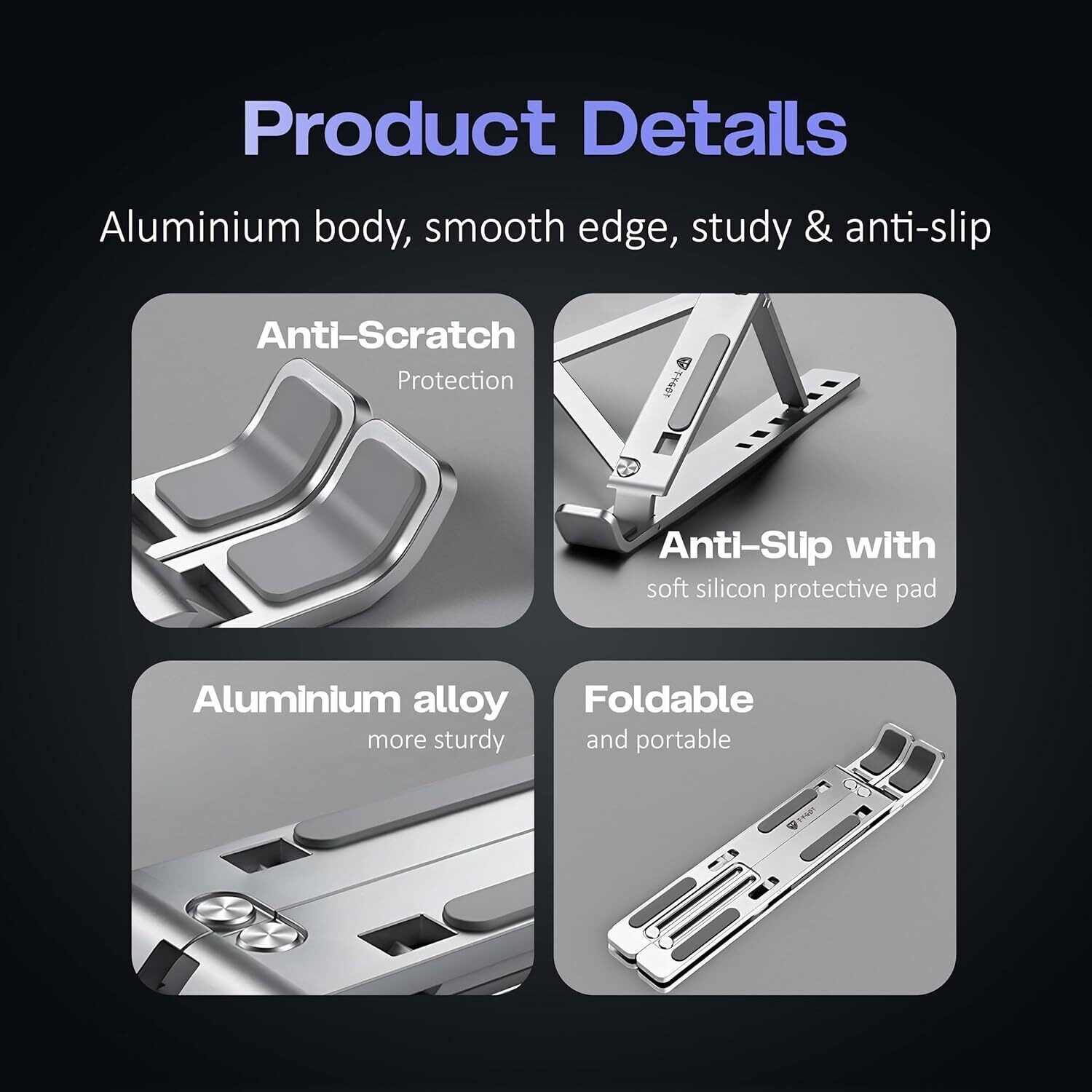 Image of vnz Aluminium Laptop Stand Anti Slip Portable Foldable Laptop Stand | 7 Angles Adjustable Foldable Laptop Stand | Portable Laptop Stand Iron Rotatable Laptop Stand with Adjustable Height Compatible with Universal Laptops