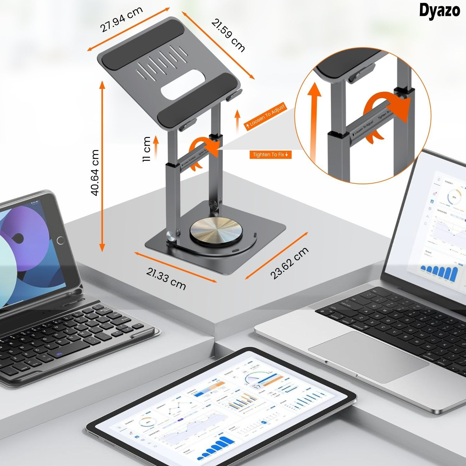 Image of Dyazo Plus 360 Laptop Stand Foldable Riser with Swivel Base Anti-Slip Design & Standing Use Carbon Steel Desk Stand Rotatable Laptop Stand with Adjustable Height Compatible with Universal Laptops