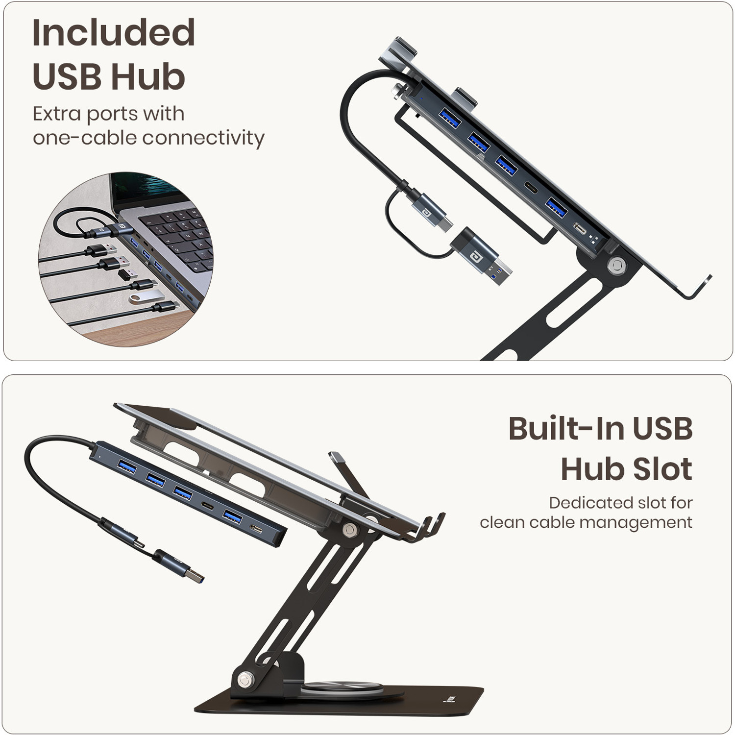 Image of Portronics My Buddy K9 Pro Max Laptop Stand with USB Hub, Phone Holder & 360 Rotation POR-3335 Carbon Steel Rotatable Laptop Stand with Adjustable Height Compatible with Universal Laptops