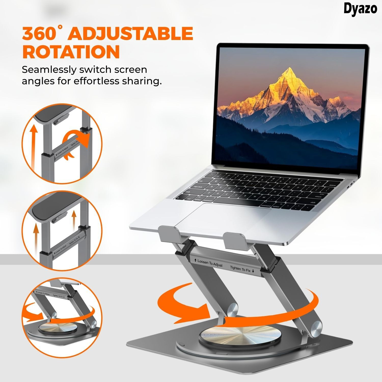 Image of Dyazo Plus 360 Laptop Stand Foldable Riser with Swivel Base Anti-Slip Design & Standing Use Carbon Steel Desk Stand Rotatable Laptop Stand with Adjustable Height Compatible with Universal Laptops