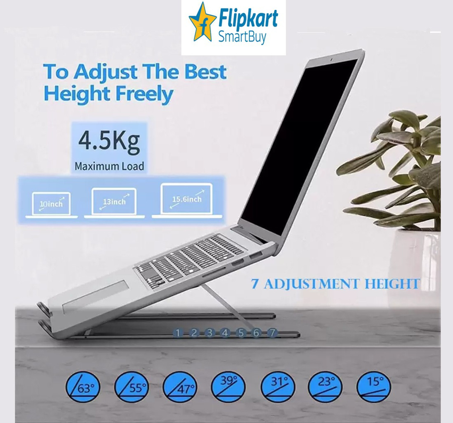 Image of Flipkart SmartBuy Laptop Stand 7 Angles Adjustable Aluminum Portable Desktop Holder Aluminium Desk Stand Laptop Stand with Adjustable Height Compatible with Universal Laptops
