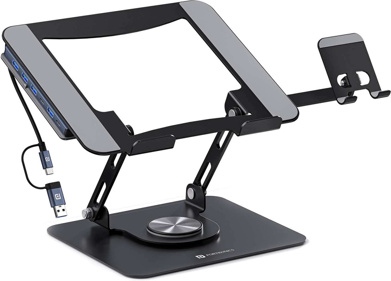 Image of Portronics My Buddy K9 Pro Max Laptop Stand with USB Hub, Phone Holder & 360 Rotation POR-3335 Carbon Steel Rotatable Laptop Stand with Adjustable Height Compatible with Universal Laptops