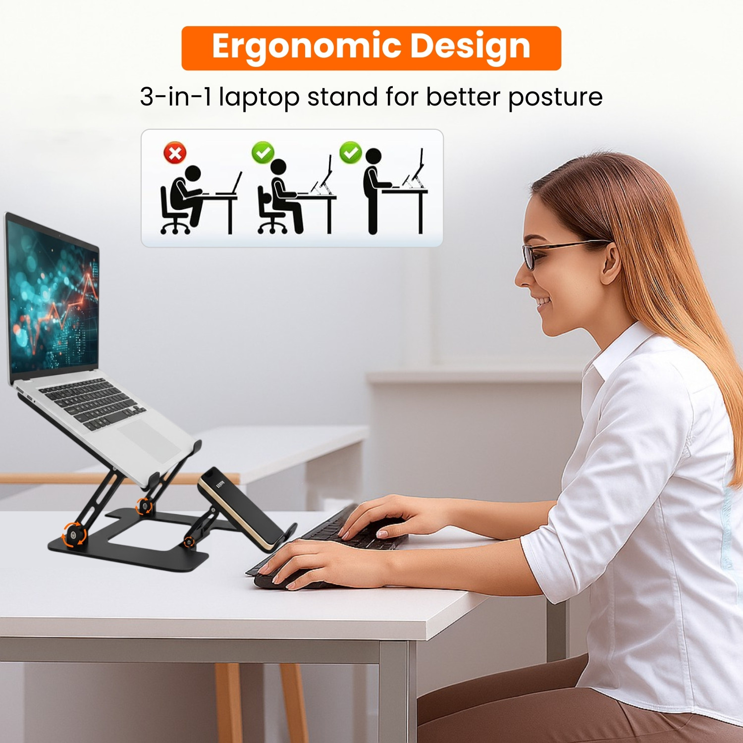 Image of Dyazo Plus 2 in 1 Adjustable Laptop Stand with Mobile Holder | Foldable & Ventilated Riser Carbon Steel Laptop Stand with Adjustable Height Compatible with Universal Laptops
